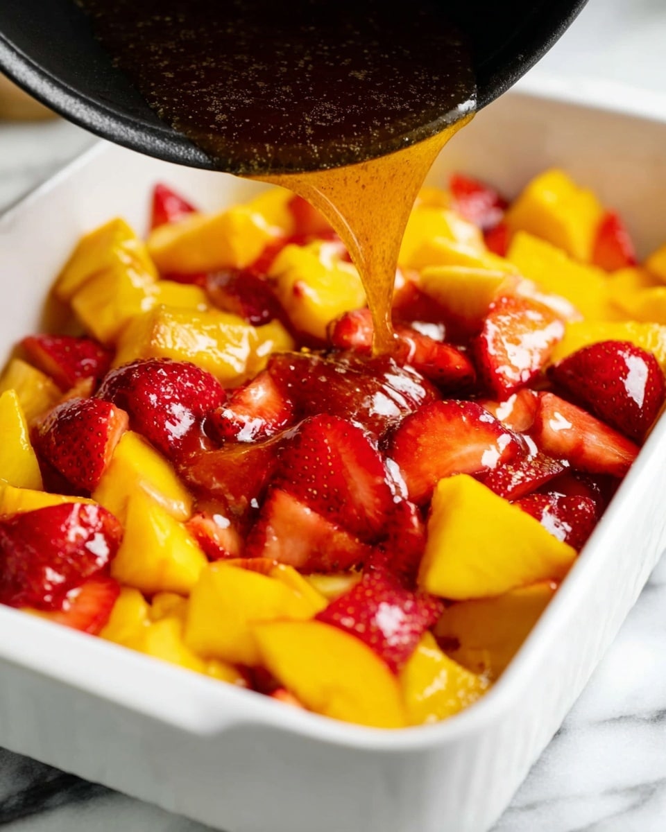 A white rectangular baking dish filled with two layers of chopped fruits, with the bottom layer consisting mainly of bright yellow peach slices and the top layer having red strawberries cut into chunks. Above the dish, a black pan is pouring a glossy, brown sauce over the fruit, with the sauce glistening as it flows down. The background is a white marbled surface that contrasts with the vivid colors of the fruit. photo taken with an iphone --ar 4:5 --v 7