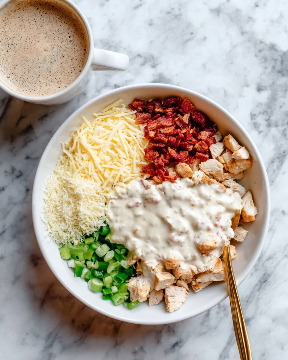 A white bowl is shown from above on a white marbled surface, filled with five layers of food arranged in separate sections. Starting from the top left and moving clockwise, there is a pile of pale yellow shredded cheese, next to it is a heap of small red crispy bits, followed by diced light brown cooked chicken. On the bottom right, there is a creamy white sauce spread thickly over the chicken, and next to it in the bottom left are green chopped scallions and a sprinkle of grated pale cheese. A gold spoon rests inside the bowl, partially under the sauce. At the top part of the image, a white cup with a light brown coffee topped with creamy foam is visible. Photo taken with an iphone --ar 4:5 --v 7