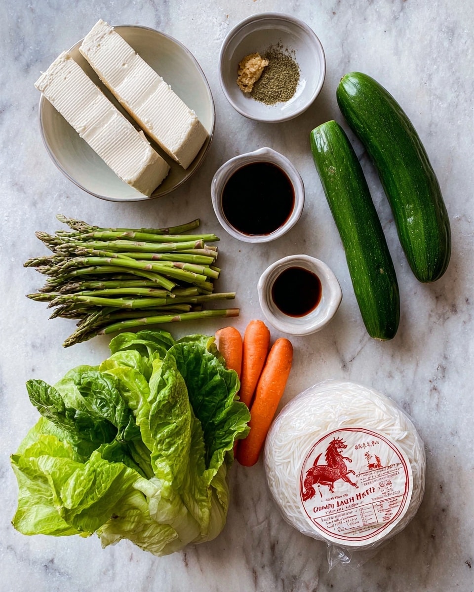 The image shows fresh ingredients arranged neatly on a white marbled surface. Starting from the top left, there is a white bowl with two thick blocks of tofu, next to it a small white bowl with a greenish-brown spice, and below that another small white bowl filled with a dark soy sauce. To the top right, two fresh vegetables lie side by side: a whole cucumber with dark green skin and a lighter green zucchini. Below these, there are two bright orange carrots next to a pile of leafy romaine lettuce with vibrant green leaves. Toward the bottom left, a bunch of green asparagus spears is placed next to a white bowl holding two bundles of thin, white rice noodles. On the bottom right, a round pack of rice paper with red text and a lion logo is partially visible. Photo taken with an iphone --ar 4:5 --v 7