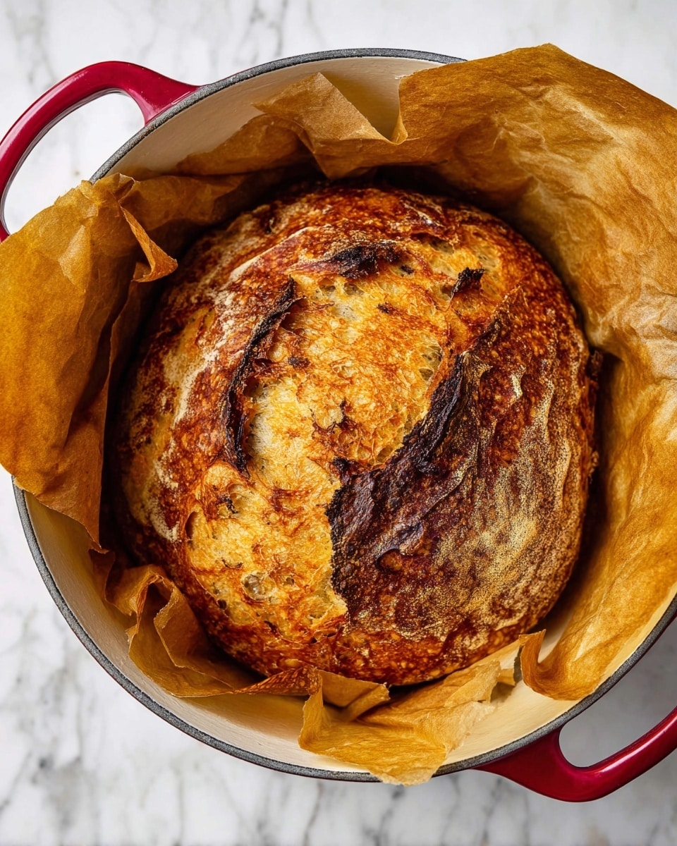 A round golden-brown bread loaf with a crispy, uneven crust sits inside a white pot lined with crumpled parchment paper. The bread shows a darker toasted patch on one side and has a textured surface with a mix of light and dark brown swirls. The pot has bright red handles, contrasting with the white parchment and the bread. This whole setup is placed on a white marbled surface. photo taken with an iphone --ar 4:5 --v 7
