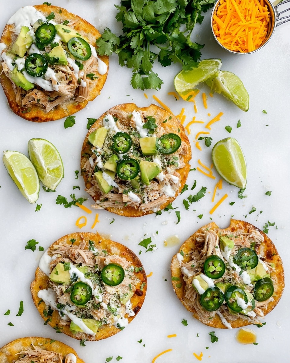 Two tostadas are shown on a white marbled surface. Each tostada has a bottom layer of golden crispy tortilla, topped with shredded light brown cooked chicken. On top of the chicken, there are slices of fresh green jalapeños and yellow pickled peppers. White creamy sauce is drizzled over the layers, with some hanging off the sides. Fresh green cilantro leaves are scattered on top and around the tostadas. A lime wedge with a bright green and glossy surface sits to the upper left of the tostadas. Photo taken with an iphone --ar 4:5 --v 7