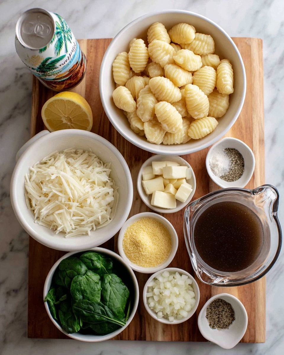 The image shows an arrangement of white bowls and a clear measuring cup on a wooden surface. The largest bowl holds pale yellow gnocchi with ridges. A medium white bowl contains pale yellow artichoke pieces with a slightly rough texture. Diced white onions fill a smaller white bowl, while another small white bowl has finely chopped white garlic. A small white bowl contains off-white vegan butter slices. Spinach leaves in a small white bowl are deep green and fresh. Nutritional yeast appears as a bright yellow powder in another white bowl. A small white bowl holds a coarse salt and pepper mix. A clear glass measuring cup is filled with brown vegetable broth. A canned coconut milk sits beside the bowls with a colorful label showing a coconut image. A lemon half with a pale yellow interior rests on the table. The background is white marble textured. Woman’s hand is not visible but can be inferred from context photo taken with an iphone --ar 4:5 --v 7