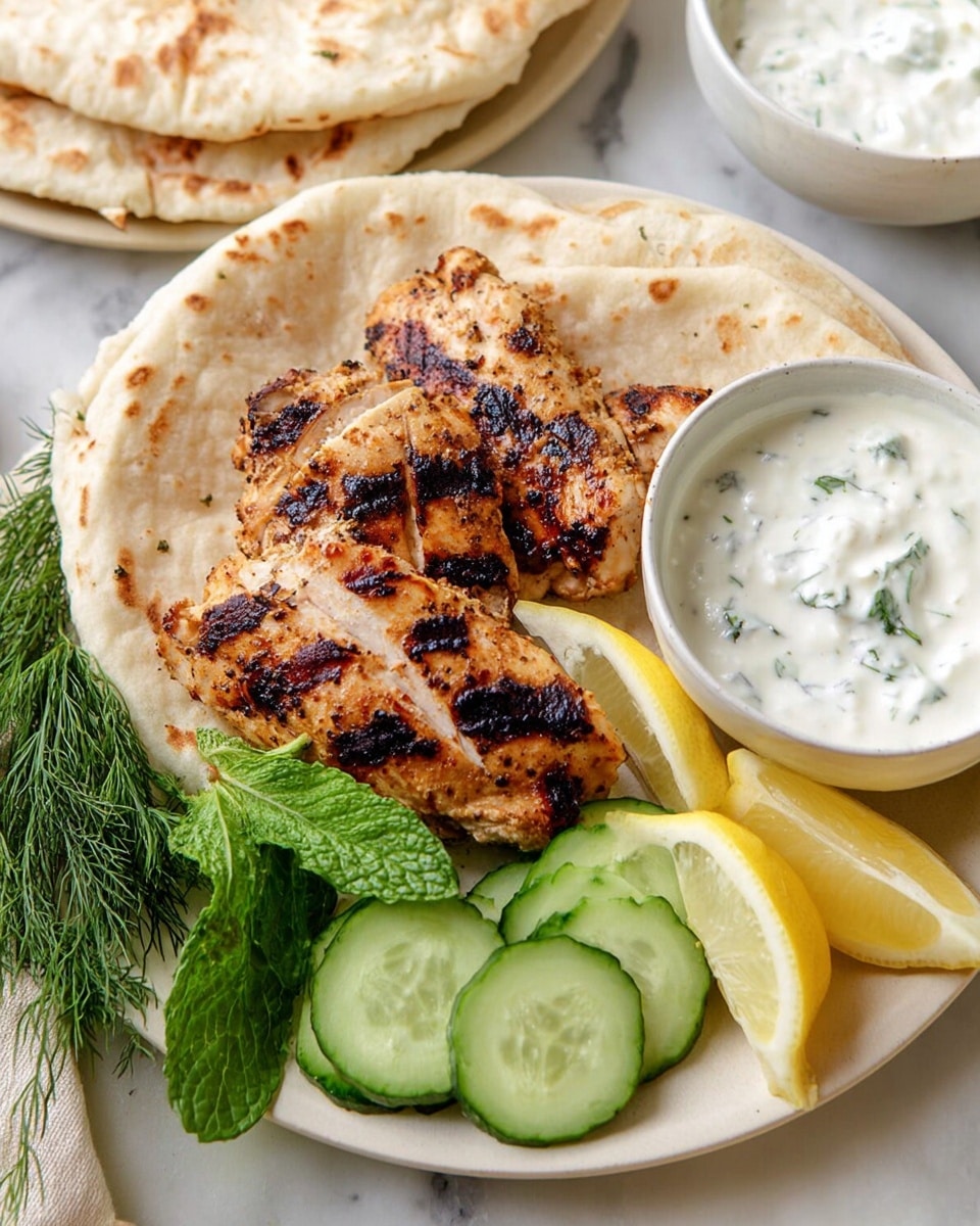 A white plate holds three pieces of grilled chicken with dark char marks on them, placed on a base of folded flatbreads that are light tan with brown spots. To the right, three slices of fresh cucumber sit next to a small bunch of green dill and three lemon wedges, some tucked under the dill. On the left side of the plate, green mint leaves add freshness. In the lower center, three more cucumber slices partially overlap a small white bowl filled with creamy white sauce with specks of herbs. The background is a white marbled surface with another white bowl of the same creamy sauce near the bottom edge of the image. photo taken with an iphone --ar 4:5 --v 7