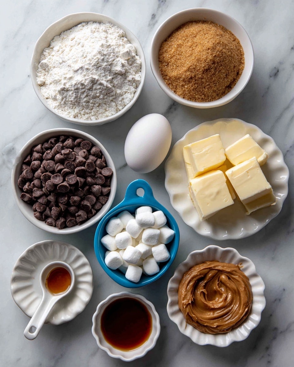 The image shows a top view of several small white bowls and a white plate arranged on a white marbled surface. In the top left, a white bowl holds white flour mixed with baking soda and salt, showing a powdery texture. To its right, a white bowl contains light brown sugar with a crumbly texture. Below the brown sugar is a white plate with solid butter sticks, pale yellow and smooth. In the bottom left, a scalloped white bowl is filled with dark brown chocolate chips, small and round. Next to it, a blue measuring cup holds white mini marshmallows, soft and puffy. Near the center, a white scalloped dish contains one whole white egg, smooth and round. To the right of the egg, a small white bowl holds dark amber vanilla extract. Finally, a blue measuring spoon filled with smooth light brown peanut butter is at the bottom right. All items are neatly arranged, clearly labeled with black text. Photo taken with an iphone --ar 4:5 --v 7