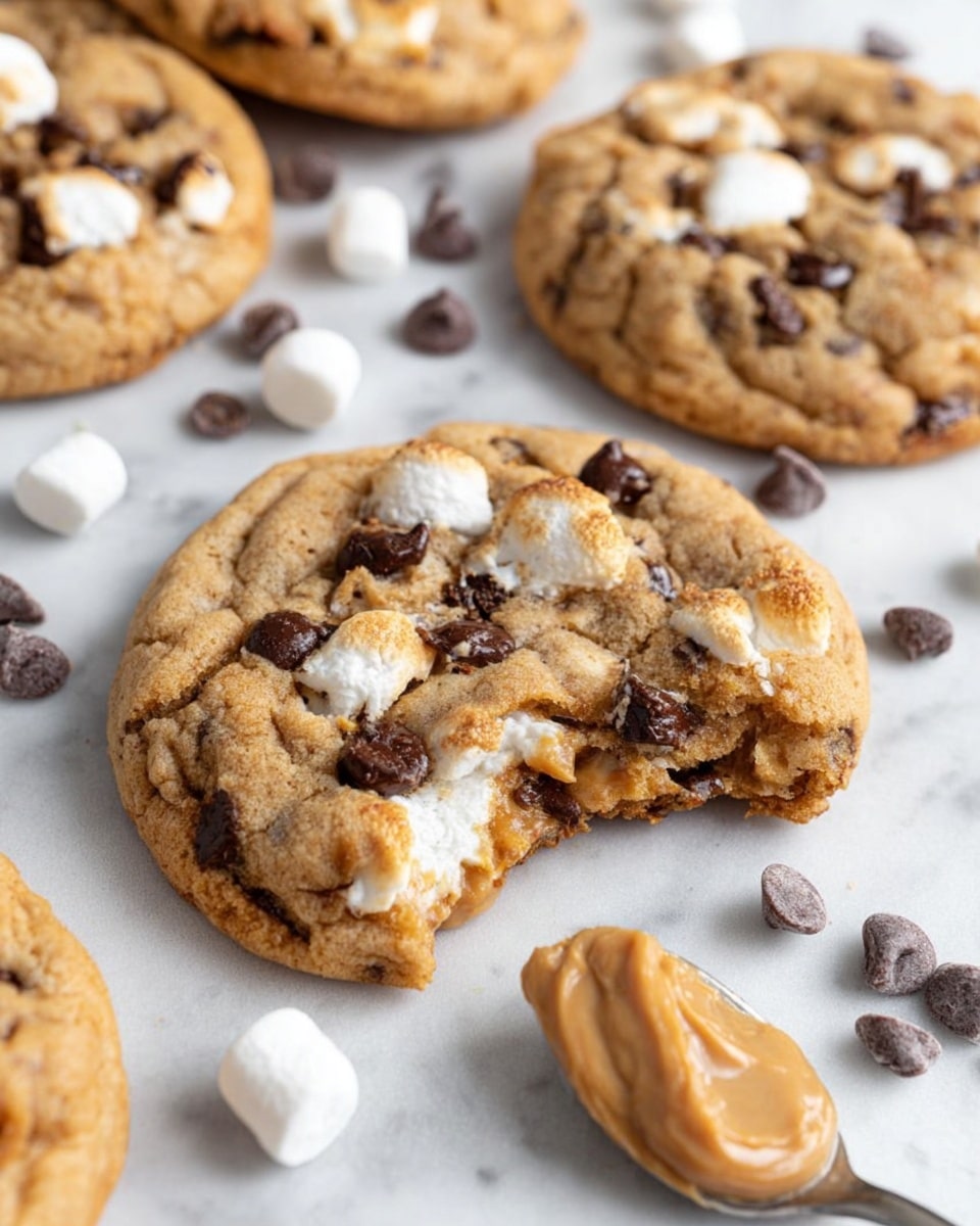 The image shows several soft, round cookies with a light golden-brown color, featuring melted marshmallow pieces and dark chocolate chips embedded throughout. One cookie in the foreground has a bite taken out of it, revealing a soft and slightly chewy texture inside. Scattered mini chocolate chips and whole mini white marshmallows lie around the cookies on a white marbled surface. A silver spoon with a creamy light brown spread rests near the cookies, hinting at peanut butter. photo taken with an iphone --ar 4:5 --v 7