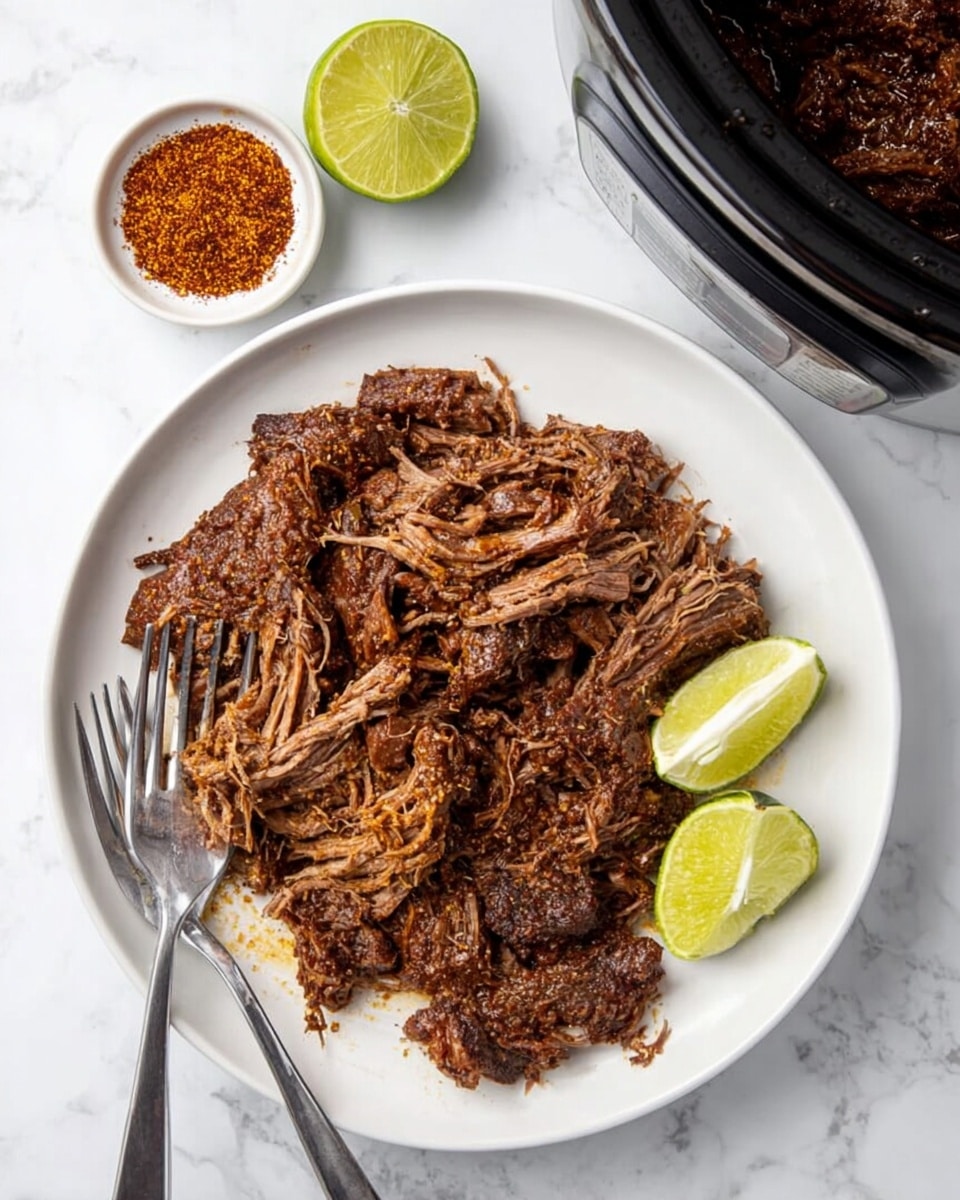 The image shows a white round plate on a white marbled surface with shredded cooked meat, dark brown and tender-looking, placed in the center of the plate. Two metal forks are positioned on the plate, one piercing the meat with the other resting beside it. Above the plate, there is a small white bowl filled with a reddish-brown spice mix and next to it, two halves of a green lime are placed. Part of a black slow cooker is visible in the upper right corner, with some cooked meat inside. The setting is bright and clean, focused on the rustic look of the shredded meat. photo taken with an iphone --ar 4:5 --v 7