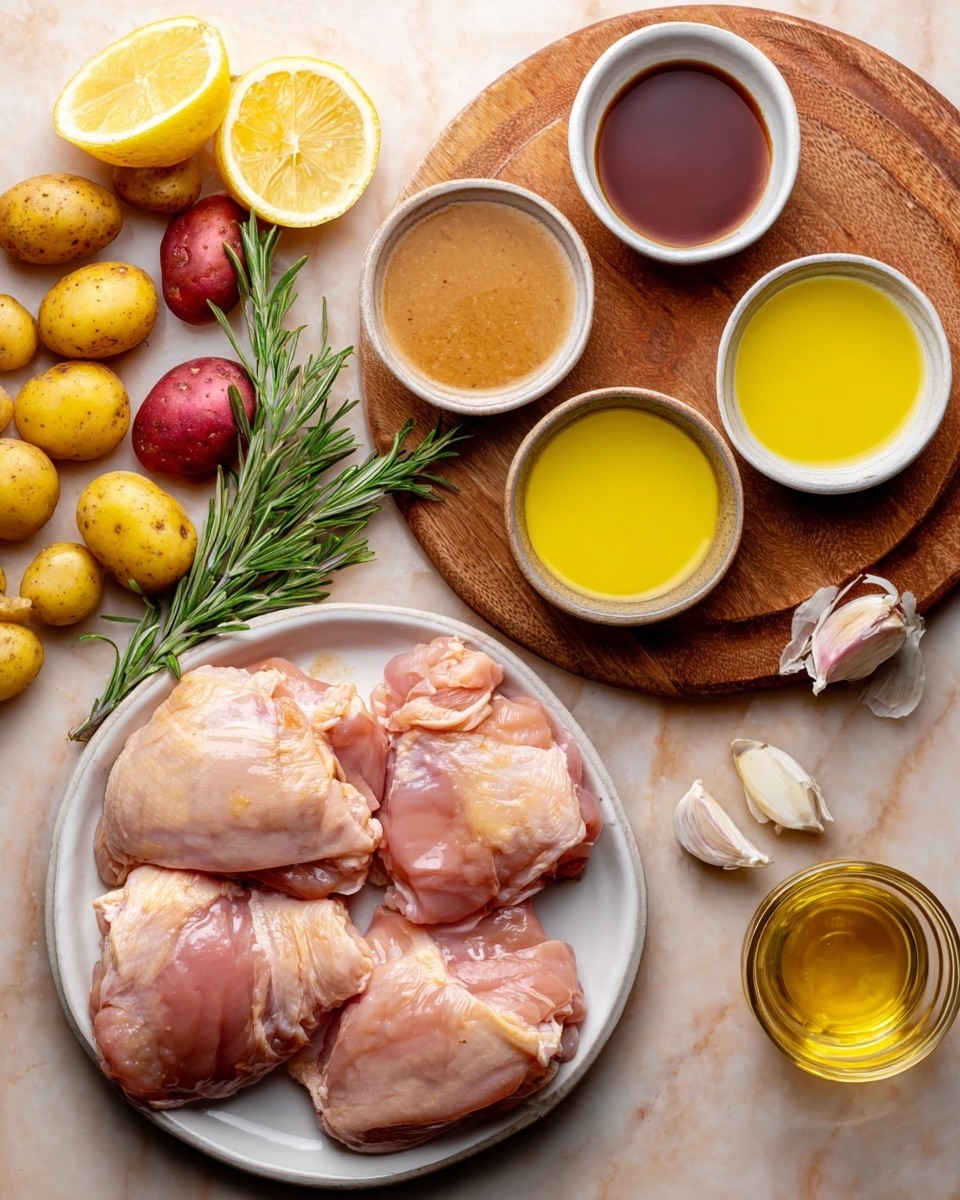 The image shows a white plate with five raw pink chicken thighs at the bottom center. Above them on a round wooden board, there are three white bowls: one with a dark brown liquid, one with light brown sauce, and one with bright yellow oil. Next to these bowls on the board are two lemon halves, and a small brown bowl holding three garlic cloves. To the left of the board is a sprig of fresh green rosemary and mixed small yellow and red potatoes scattered on a white marbled surface. A small glass cup with a golden liquid sits to the lower right next to the wooden board. The photo taken with an iphone --ar 4:5 --v 7