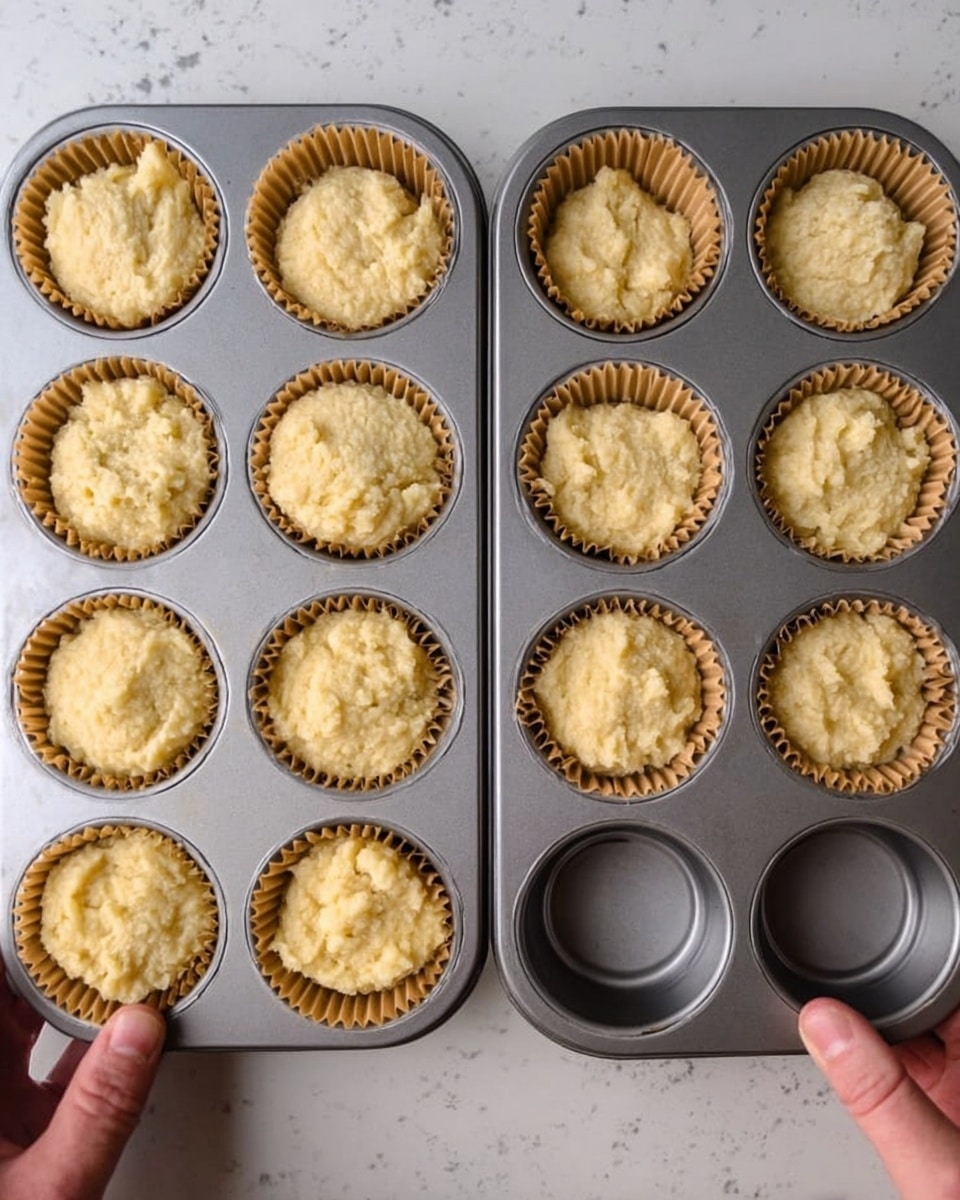 Two silver baking trays hold twelve muffin cups lined with crinkled beige paper. Ten of these cups are filled with rough, pale yellow dough, spread unevenly with a slightly lumpy texture, and two cups are empty. Woman's hands are holding the trays on either side over a white marbled surface. Photo taken with an iphone --ar 4:5 --v 7