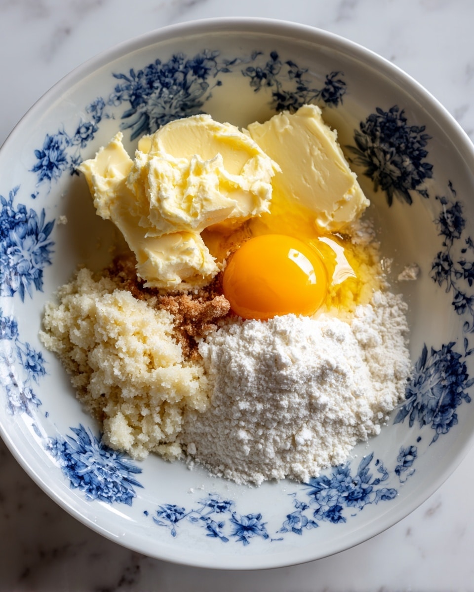 A white bowl with blue floral patterns holds five ingredients separated in small piles and spots: a pale yellow softened butter chunk, a light brown golden sweetener mound, a bright yellow raw egg yolk with some clear egg white around, a white pile of coconut flour, and a small amount of clear vanilla extract pooling near the flour. The bowl rests on a white marbled surface. photo taken with an iphone --ar 4:5 --v 7