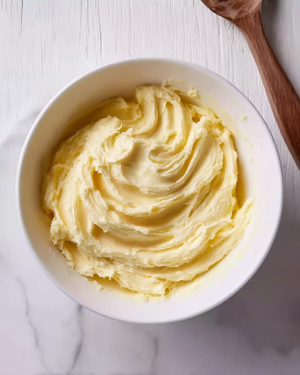 A white bowl filled with a smooth, pale yellow mixture with soft swirls and folds, looking creamy in texture. The bowl is placed on a white marbled surface with faint patterns, and beside it, there is a brown wooden spatula partially visible at the top right corner. The scene appears bright and clean with soft natural light. photo taken with an iphone --ar 4:5 --v 7