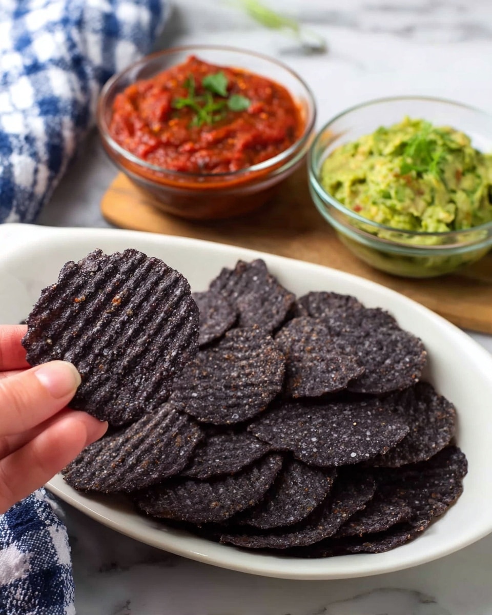A close-up image shows a woman's hand holding a single dark blue tortilla chip with ridges, positioned above a white oval dish filled with many similar chips. Behind the dish, there are two clear glass bowls placed on a white marbled surface, one filled with red salsa topped with a small green herb, and the other with chunky green guacamole also garnished with a small herb. A white and blue checkered cloth is partially visible on the left side of the frame. photo taken with an iphone --ar 4:5 --v 7