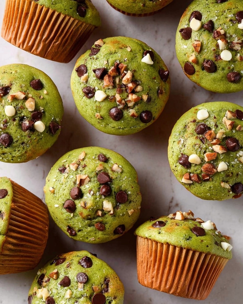 A group of eight green muffins are shown from above on a white marbled texture surface. Each muffin has a smooth green top layer studded with scattered dark brown chocolate chips, white chocolate chips, and small pieces of chopped light brown nuts, creating a bumpy textured look. The muffin bases are golden brown with vertical ridges from the paper liners, visible on some muffins turned on their sides. The mix of green tops with rich chocolate chips and crunchy nuts gives a colorful and fresh appearance. photo taken with an iphone --ar 4:5 --v 7