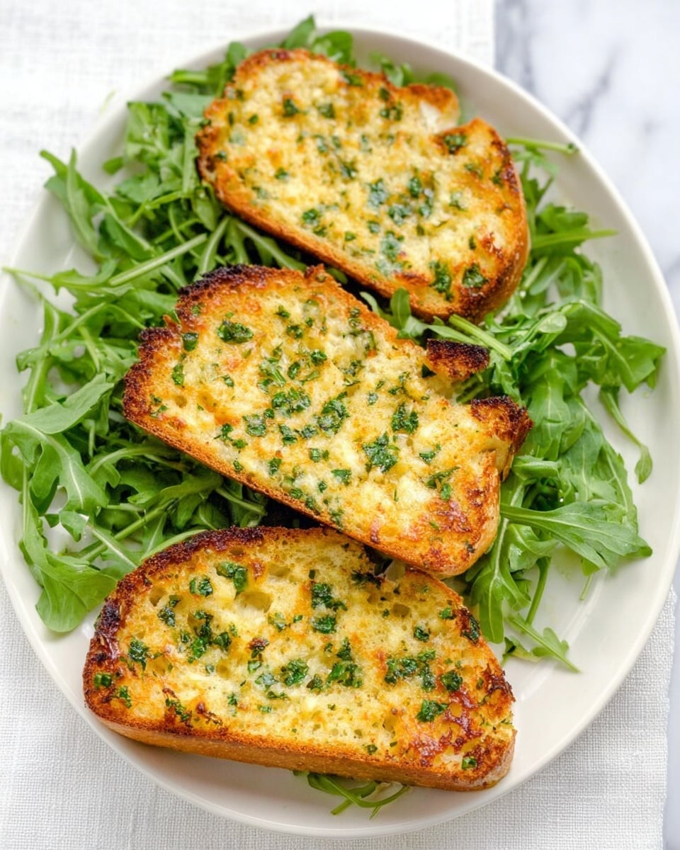 The image shows a white plate with three slices of toasted bread that have a golden brown, slightly crispy top with green herbs mixed in, giving a speckled green and yellow look. The bread slices are placed in a row on a bed of fresh, bright green arugula leaves that spread around the edges of the plate. The background surface is white with a subtle marble texture. Photo taken with an iphone --ar 4:5 --v 7