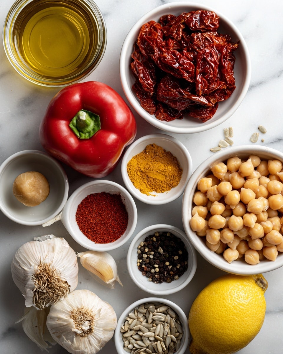 The image shows twelve ingredients laid out on a white marbled surface. In the top left corner, there is a glass jar with golden olive oil. Next to it on the right is a white bowl filled with deep red sun-dried tomatoes, and to the right of that is a smaller white bowl holding a tan ball of Dijon mustard. Below these, a large, shiny red bell pepper sits to the left of a whole bulb of garlic with a light beige skin and roots showing. To the right, a bigger white bowl is full of grayish sunflower seeds. Below the garlic is a small white bowl with dark brown coconut aminos, flanked by a whole bright yellow lemon on its right and a larger and fuller white bowl of light tan chickpeas labeled optional to the right side of the lemon. Below the chickpeas, there are three small white bowls in a row containing bright red paprika, yellow nutritional yeast, and a dark mix of crushed red pepper flakes. On the far left below the coconut aminos is a bowl of clear white wine vinegar. The layout is neat, with all containers and ingredients arranged symmetrically. Photo taken with an iphone --ar 4:5 --v 7