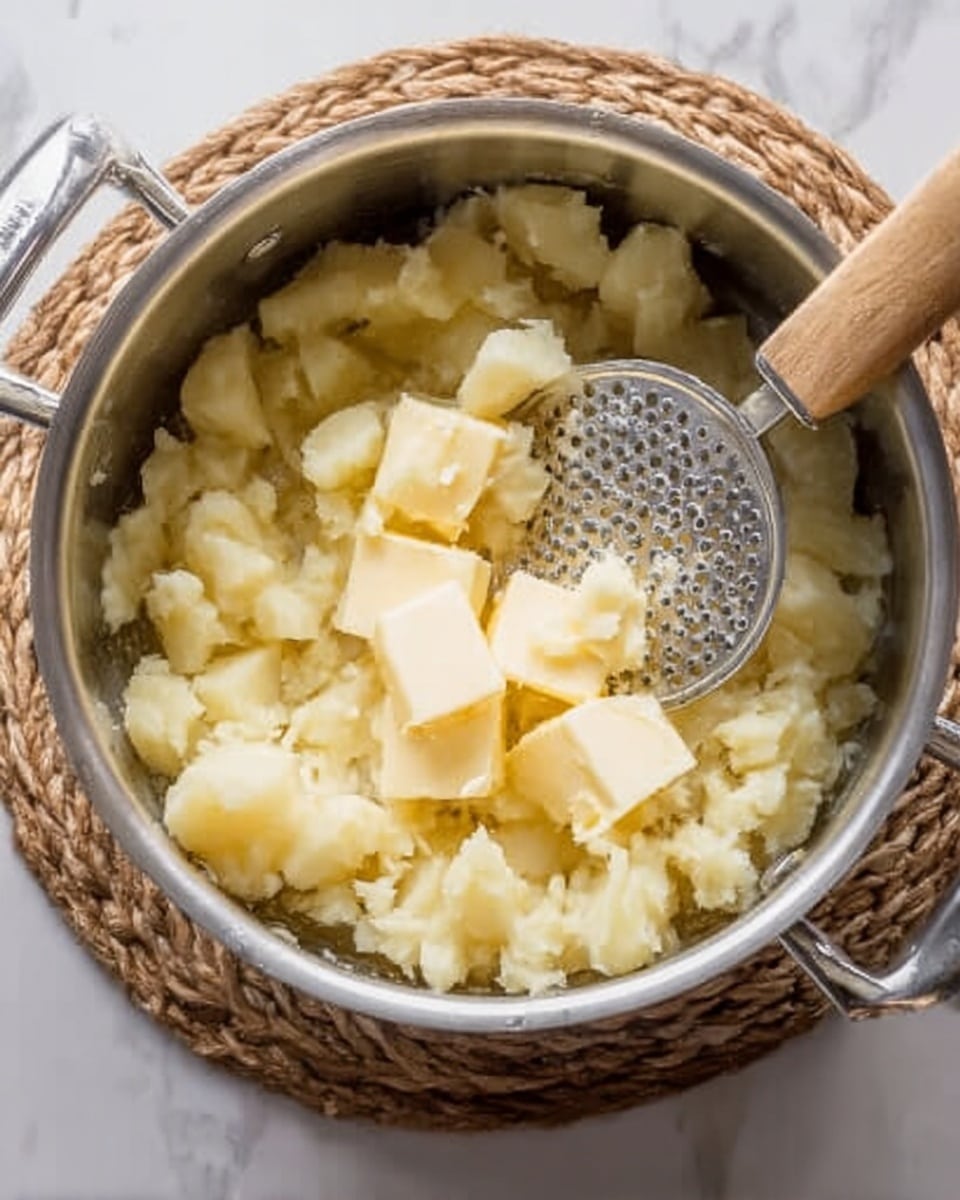 The image shows a metal pot filled with soft, cut potatoes and chunks of butter on top. A metal masher with a round head and holes is inside the pot, partially resting on the potatoes. The pot is placed on a round woven light brown mat that contrasts with the white marbled surface underneath. The potatoes are a light cream color with a soft texture, and the butter is a pale yellow shade. Photo taken with an iphone --ar 4:5 --v 7
