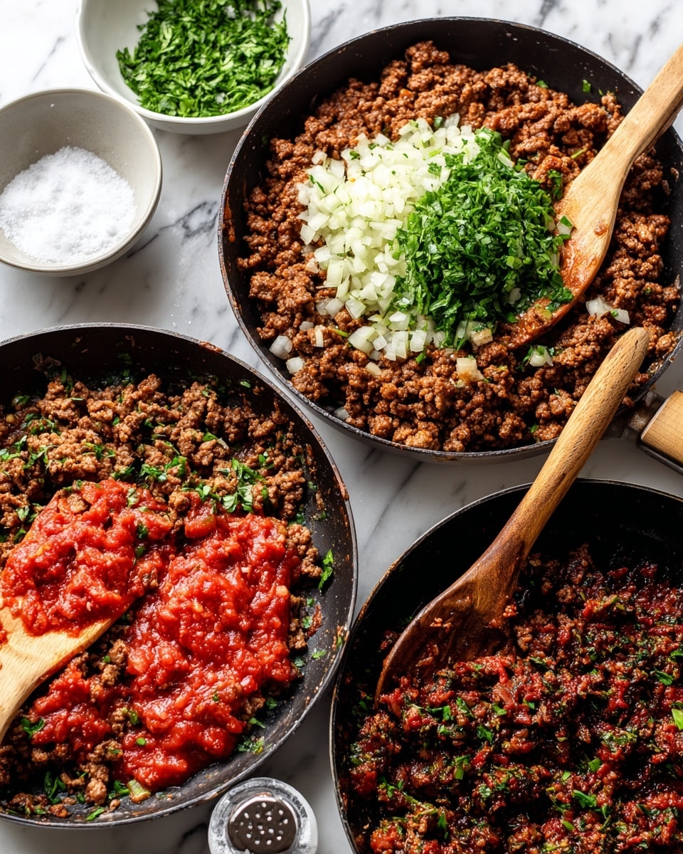 Four black pans are shown on a white marbled surface, each pan filled with cooked ground meat mixed with other ingredients in different stages. In the first pan, browned ground meat is topped with a large amount of white chopped onions and bright green chopped herbs piled in the center, with a wooden spoon resting on the side. The second pan shows the ground meat cooked with bright red sauce dolloped on the center and green herbs mixed throughout. The third pan contains the meat fully combined with the red sauce, showing a chunky, saucy texture with green herbs visible. The fourth pan holds the cooked meat that has thickened and darkened, mixed with herbs, and has a slightly oily sheen; the wooden spoon appears to stir the mixture. A white bowl with salt and a pepper shaker are visible near the pans. Photo taken with an iphone --ar 4:5 --v 7