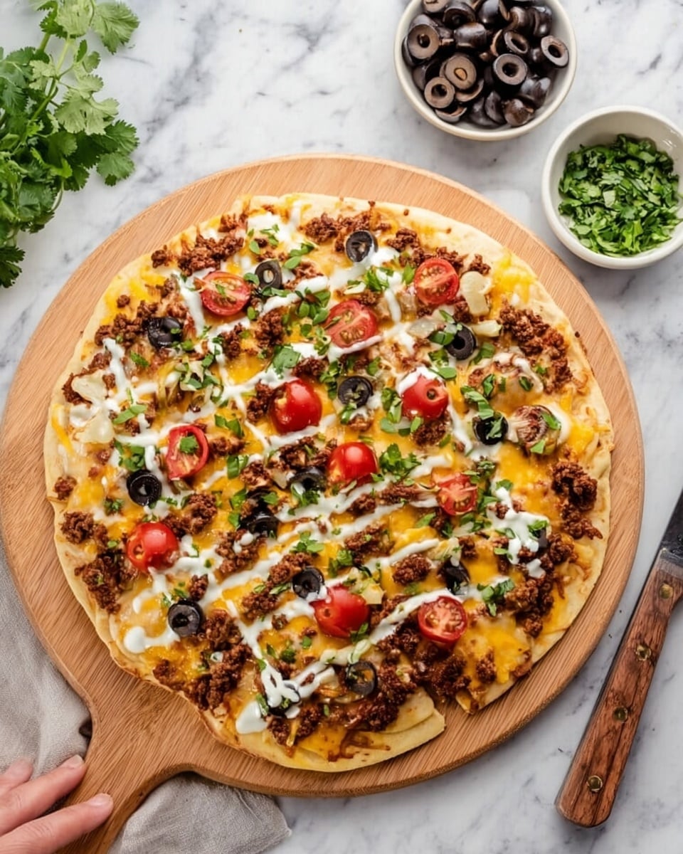A round flatbread pizza on a wooden board, topped with a layer of melted yellow cheese and brown cooked ground meat, scattered with sliced black olives, halved red cherry tomatoes, and bits of green herbs. White sauce is drizzled in thin lines across the top, and there are small dollops of chopped green leafy herbs sprinkled around. The board sits on a white marbled surface next to small white bowls filled with black olives and chopped green herbs, with a brown-handled knife placed below the board. A woman's hand is reaching toward the pizza from the lower left corner. Photo taken with an iphone --ar 4:5 --v 7