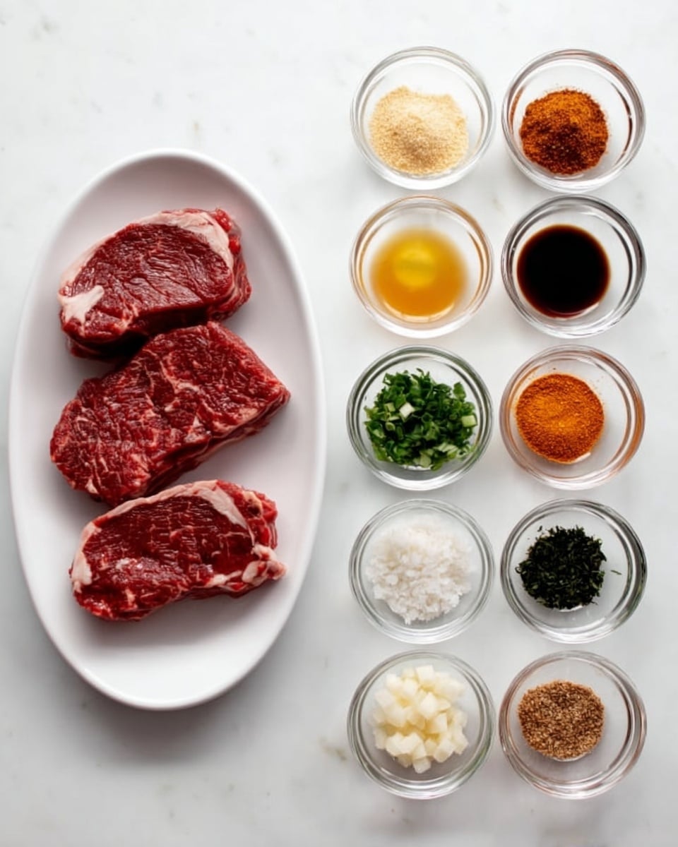 The image shows two pieces of raw red meat on a white oval plate placed on a white marbled surface. Next to the plate are fourteen small clear glass bowls in two rows; each bowl holds a different ingredient. The contents of the bowls include various light yellow, brown, white, green, black, and orange powders, liquids, and chopped herbs, arranged neatly. The light and shadows make the colors and textures clear and vibrant. photo taken with an iphone --ar 4:5 --v 7