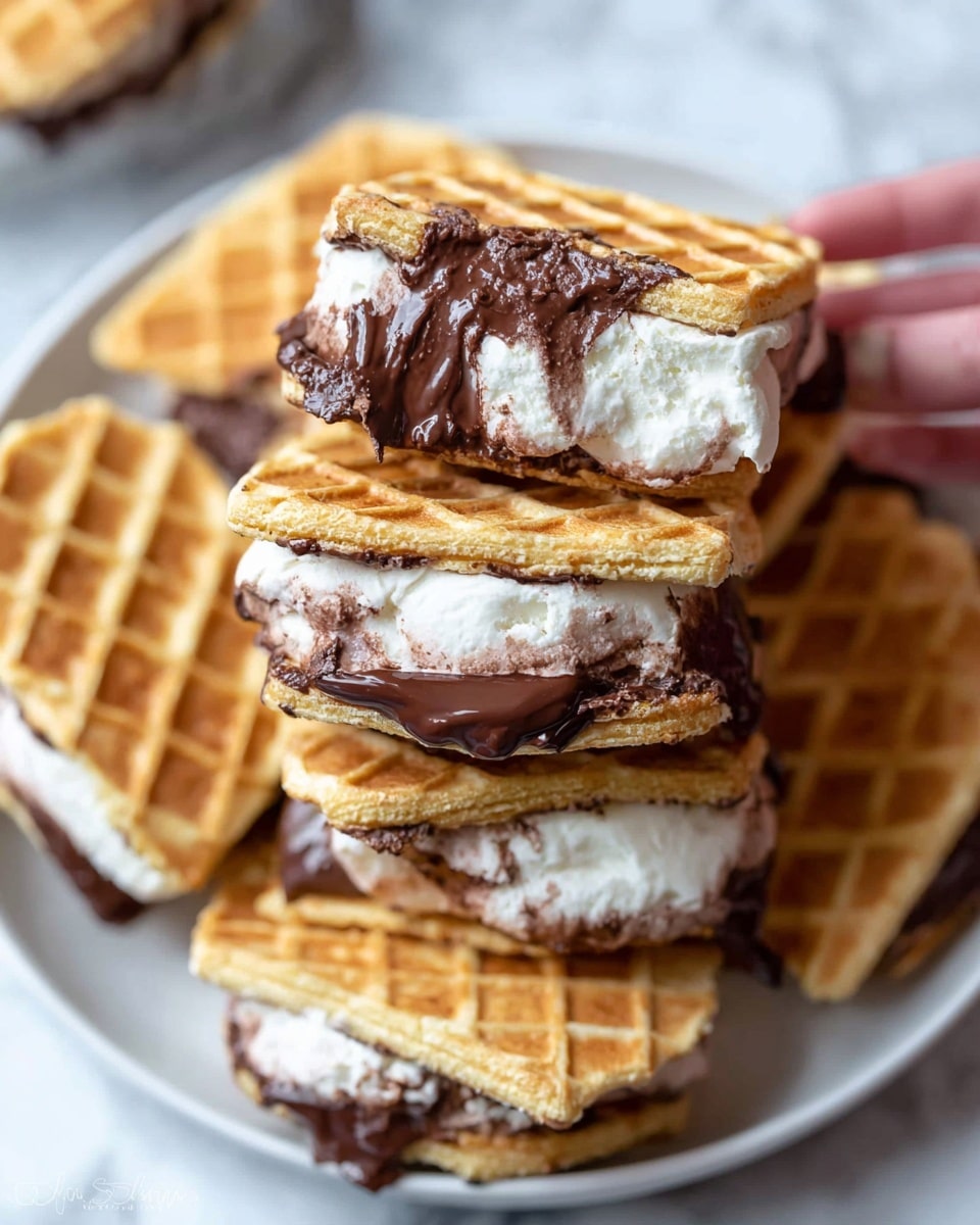 The image shows a close-up of several ice cream sandwiches stacked on a white plate with a white marbled background. Each sandwich has two light brown waffle cookies with a diamond pattern on the surface. Between the waffle layers, there is a thick middle layer of white ice cream, and some sandwiches have melted dark chocolate oozing from the sides. One sandwich is held by a woman's hand at the center, showing the soft texture of the ice cream and the slight melting of the chocolate. Photo taken with an iphone --ar 4:5 --v 7
