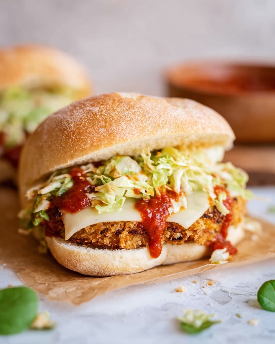 A sandwich with a lightly toasted ciabatta bun is shown on a white marbled surface. The bottom layer is a crispy golden-brown fried patty topped with melted white cheese that slightly oozes over the edges. Above the cheese is a generous layer of shredded green lettuce mixed with creamy dressing. Bright red tomato sauce is drizzled over the lettuce, adding contrast. The top bun is soft and golden with a slightly crusty texture. The sandwich rests on parchment paper with some green leaves scattered around. In the blurred background, a bowl with red sauce and another sandwich can be seen. Photo taken with an iphone --ar 4:5 --v 7
