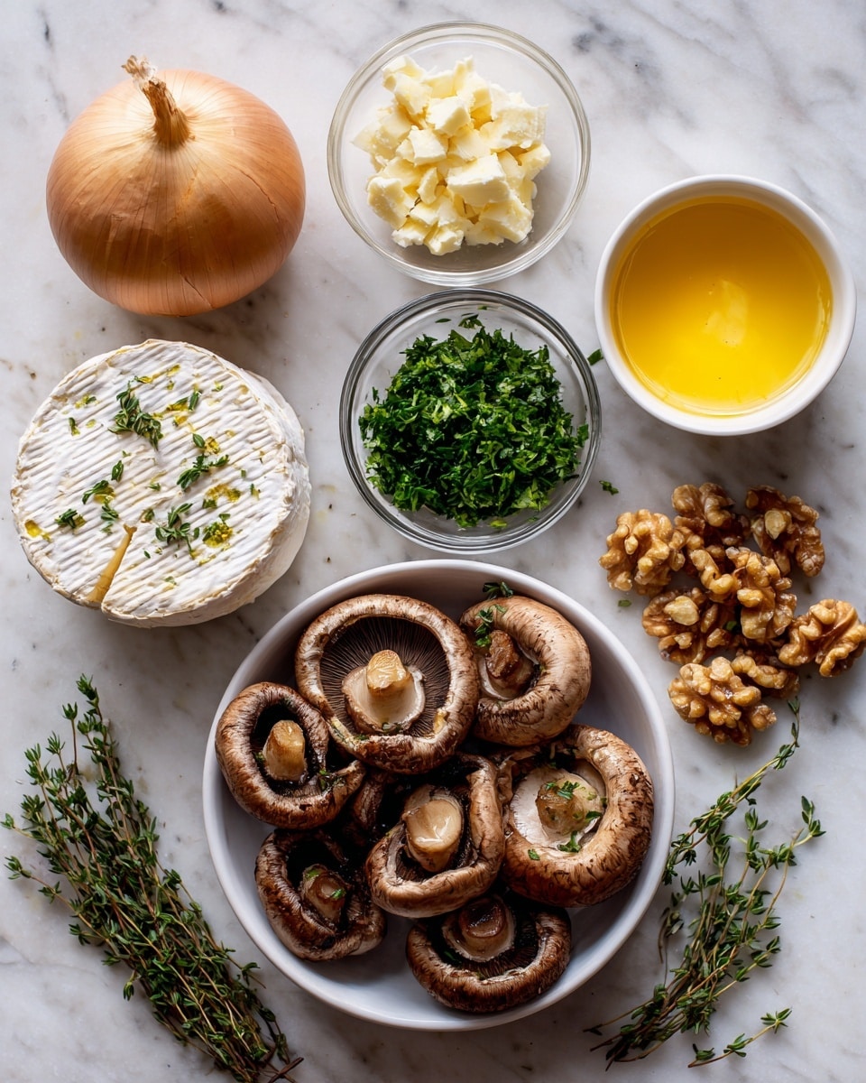 The image shows an overhead view of various cooking ingredients arranged on a white marbled surface. At the bottom right, there is a white bowl filled with seven flat mushrooms, mostly whole with one showing its dark underside. Above the mushrooms, a small cup holds bright green chopped parsley. Near the top right, there is a small white bowl with melted yellow butter. To the left of the butter, a black wrapped round of brie cheese sits. Below the brie, a transparent small bowl contains minced garlic, and next to it a similar bowl holds several walnut halves and pieces. Above the garlic is a whole onion with light brown skin, and to the left bottom corner, a sprig of fresh thyme lies on the surface. Each ingredient is labelled with pink and white text identifying it as onion, brie, butter, garlic, parsley, walnuts, thyme, and flat mushrooms. Photo taken with an iphone --ar 4:5 --v 7