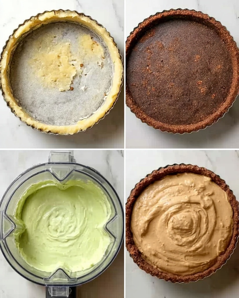 The image shows four stages of making a dessert. The top left is a round tart pan with a dough crust lined with a white paper, a texture that looks dry and uneven. The top right is the same tart pan with a smooth, dark brown crust with a few small bits that add texture, filling the pan evenly. The bottom left is a blender container filled with a pale green creamy mixture that is smooth and thick. The bottom right is another blender container with a smooth, light brown creamy mixture that looks soft and whipped. All photos are on a white marbled surface. Photo taken with an iphone --ar 4:5 --v 7