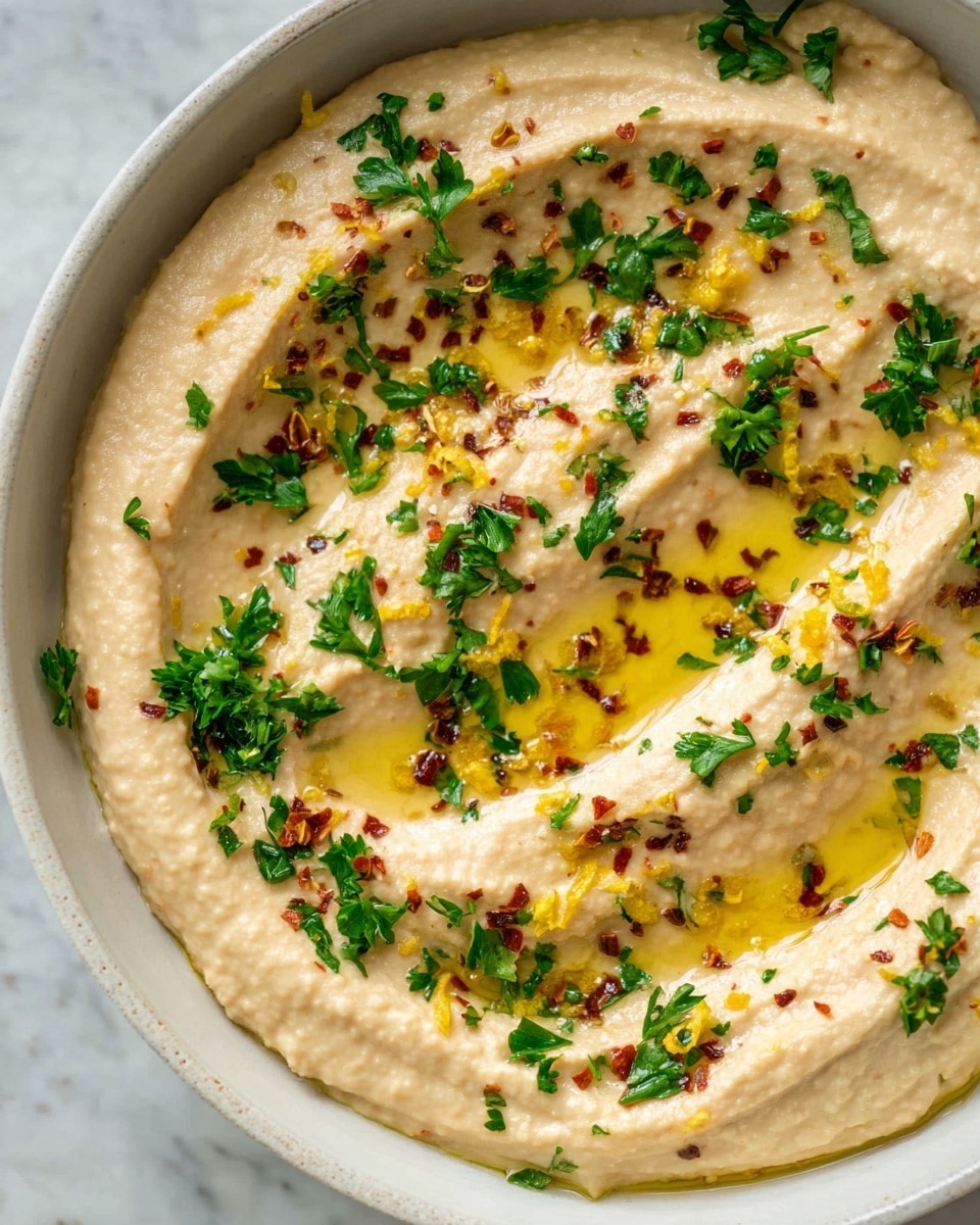 The image shows a close-up of a creamy beige hummus spread smoothly in a white bowl. Three swirled grooves run across the surface, filled with golden olive oil. Scattered evenly on top are small green parsley leaves, red chili flakes, and tiny yellow lemon zest curls, adding color and texture contrast. The bowl rests on a white marbled surface. Photo taken with an iphone --ar 4:5 --v 7