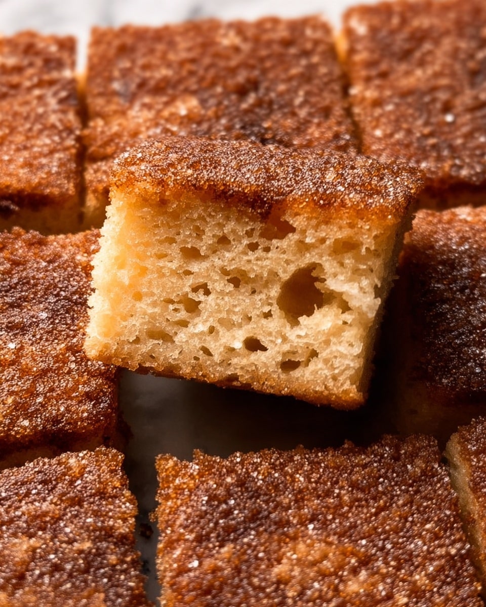 A stack of soft, brown spongy cake squares with a fine layer of cinnamon sugar sprinkled on top, showing visible small air holes inside the fluffy texture. The pieces are piled loosely on a wooden board placed on a white marbled surface with a red and white striped cloth nearby. The top layer features a slightly darker, caramelized crust with a grainy sugar finish, while the inside remains lighter and moist-looking. Photo taken with an iphone --ar 4:5 --v 7