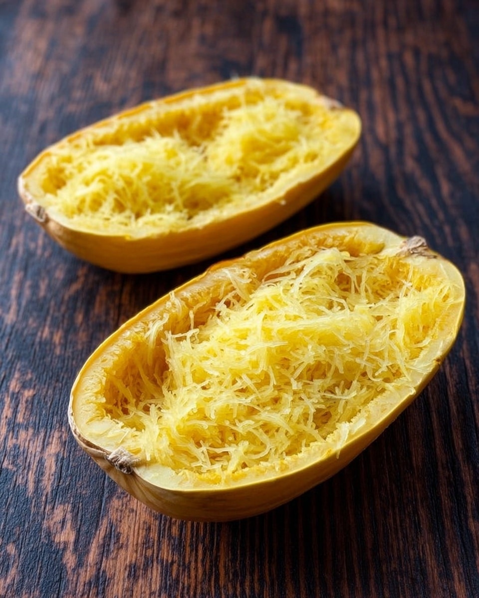 The image shows two halves of a yellow spaghetti squash placed on a dark wooden surface. Each half is filled with stringy, pale yellow flesh that has a fibrous texture, resembling thin strands. The halves are arranged one above the other, with their interiors facing up, clearly showing the natural stranding pattern inside the squash. The background has been changed to a white marbled texture. Photo taken with an iphone --ar 4:5 --v 7