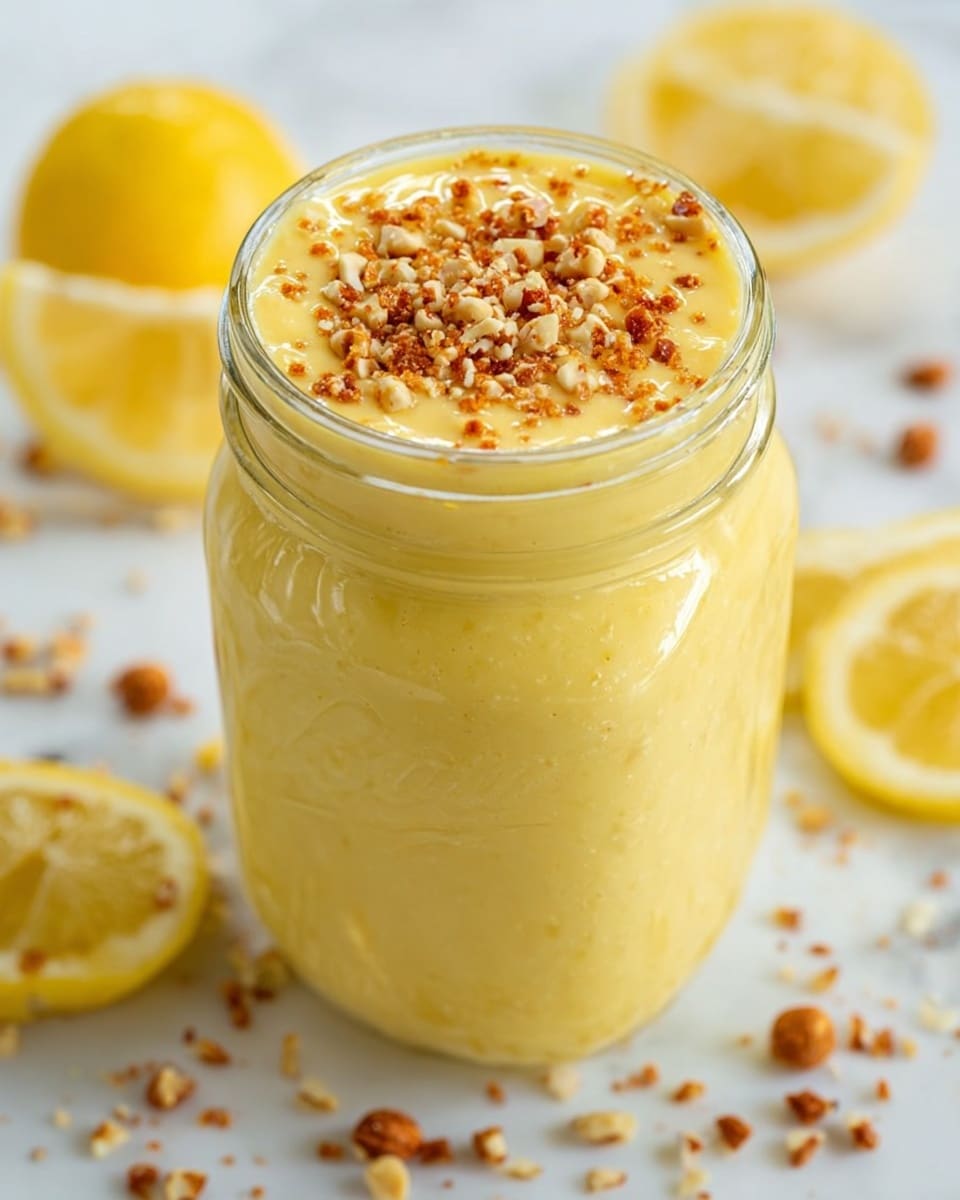 A clear glass mason jar filled with a thick, creamy yellow smoothie that has a smooth texture. The top layer is sprinkled with small chopped nuts in light brown colors, adding a crunchy texture. The jar is placed on a white marbled surface with several lemon slices and scattered nuts around it, enhancing the fresh and natural feel of the image. The background is softly blurred to keep the focus on the jar and its contents. photo taken with an iphone --ar 4:5 --v 7