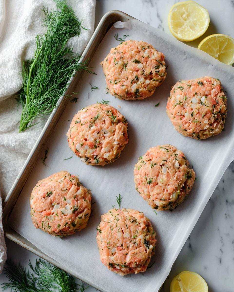 The image shows six raw salmon patties placed on a white parchment paper-lined baking tray. Each patty is round and slightly uneven with a mix of light pink and pale orange colors, dotted with small white and green bits, likely from herbs and other ingredients inside. The tray sits on a white marbled surface, surrounded by some fresh dill sprigs and two halves of a lemon. A light cream cloth is partially visible under the top left corner of the tray. The scene is bright and clean with natural light. photo taken with an iphone --ar 4:5 --v 7