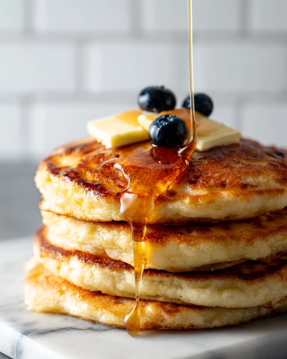 A close-up view of a stack of four thick, golden-brown pancakes with a soft, fluffy texture, sitting on a white marbled surface. On top of the stack, there are two slices of pale yellow butter slightly melting, with a fresh, plump blueberry placed on the butter. A stream of amber maple syrup is being poured over the blueberry and butter, flowing down the edges of the pancakes and creating a shiny glaze. The background shows a blurred white tiled wall. photo taken with an iphone --ar 4:5 --v 7