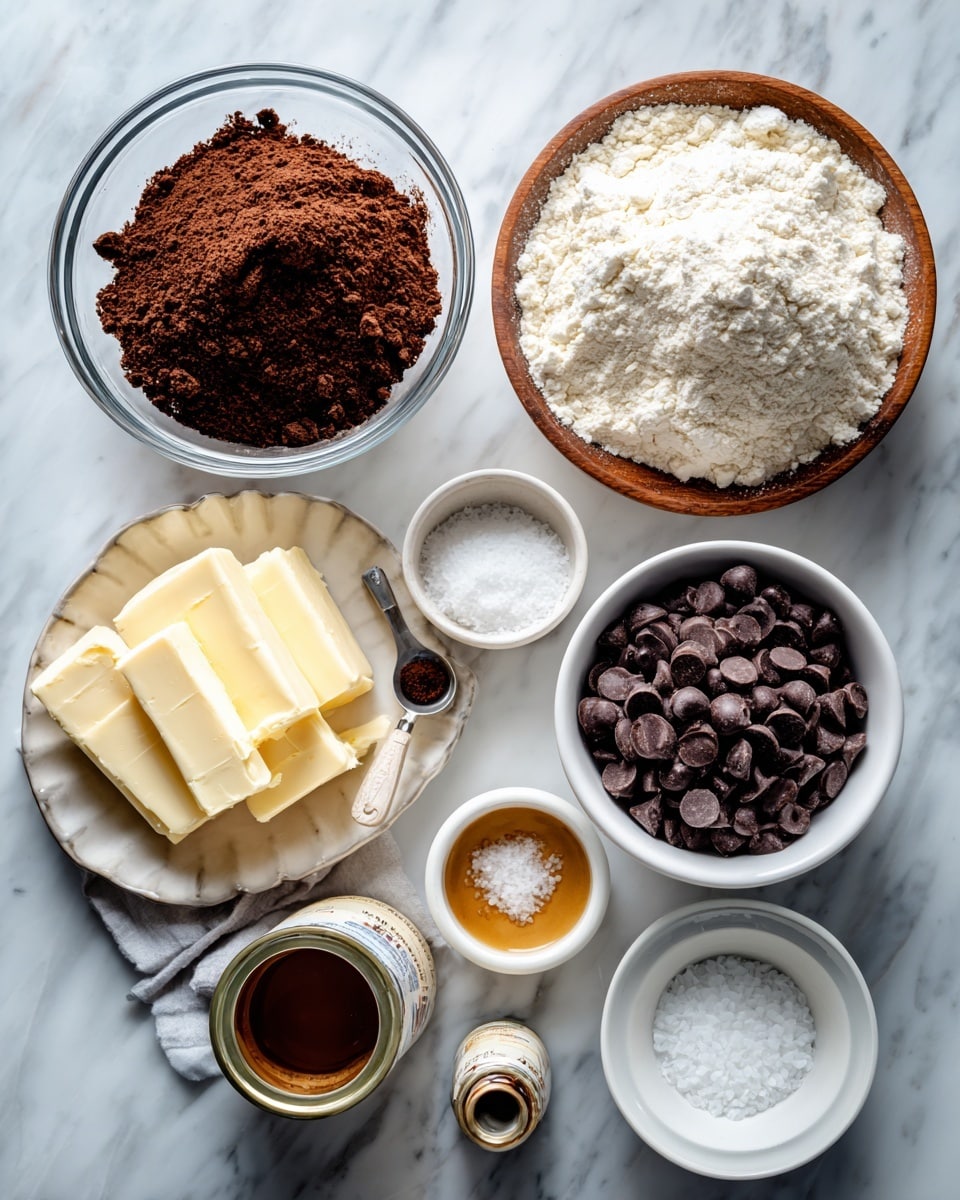 The image shows a flat lay of baking ingredients on a white marbled surface. There is a clear bowl filled with dark brown sugar, a clear bowl with all-purpose flour and a scoop inside it, and a clear bowl full of chocolate chips. Two sticks of softened butter rest next to the chocolate chips. Small white bowls hold baking powder, salt, and espresso powder, while a scalloped white bowl contains instant coffee. A small bottle with vanilla extract sits near a wooden plate with an open can of sweetened condensed milk and a white container of flaky sea salt. Everything is neatly arranged with a warm light, photo taken with an iphone --ar 4:5 --v 7