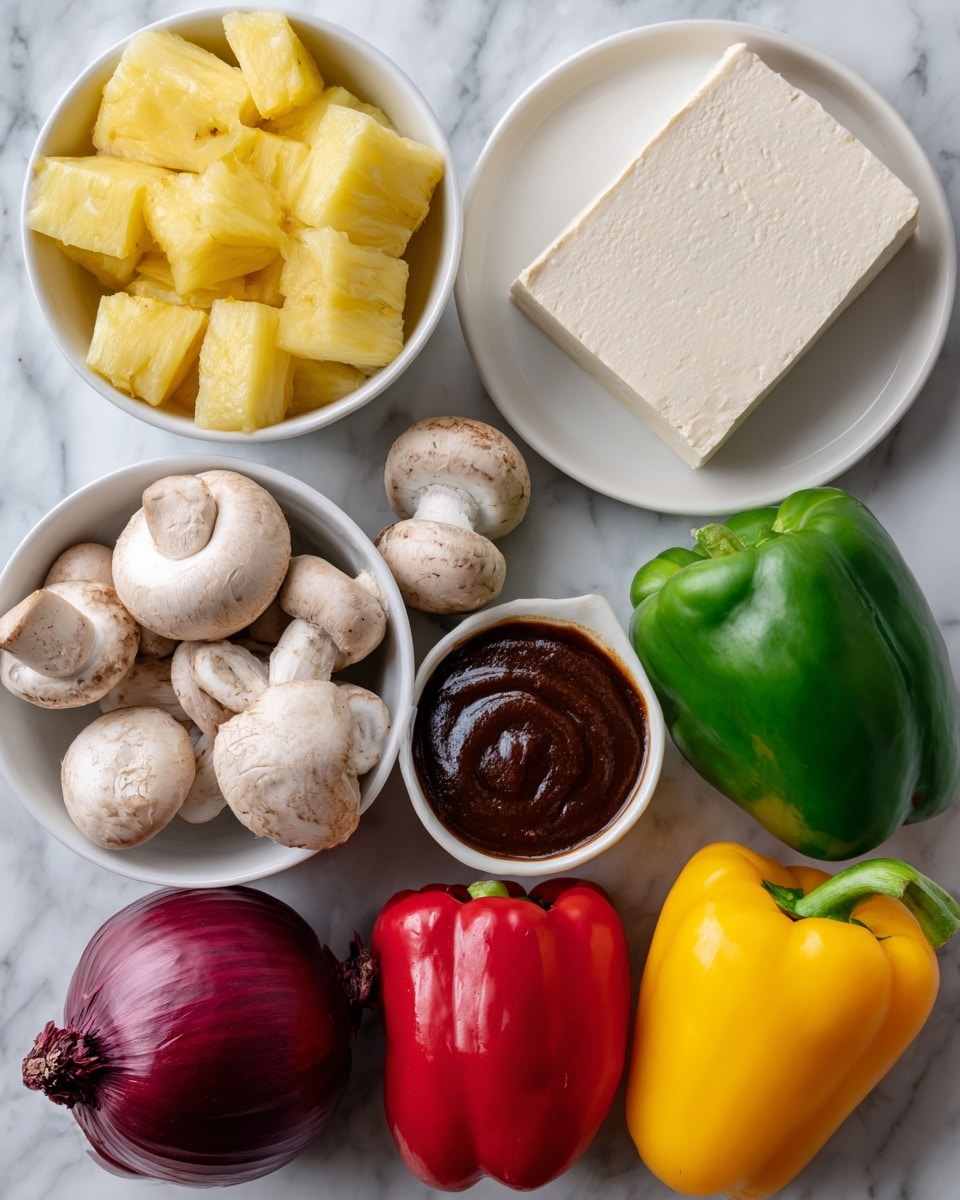 The image shows seven ingredients arranged on a white marbled surface. At the top left, there is a white bowl filled with bright yellow pineapple chunks. To its right, a white plate holds a smooth, beige block of tofu. Below the pineapple, a white bowl contains whole white mushrooms with a soft, rounded shape. Next to the mushrooms, a shiny, green bell pepper sits in the center. On the right side, there is a red bell pepper above a yellow bell pepper, both glossy and firm. Below the green pepper, a small white bowl holds dark brown BBQ sauce with a thick texture. Finally, a whole red onion with purple skin is positioned at the bottom left. Each item is clearly labeled with black text on white rectangles. photo taken with an iphone --ar 4:5 --v 7