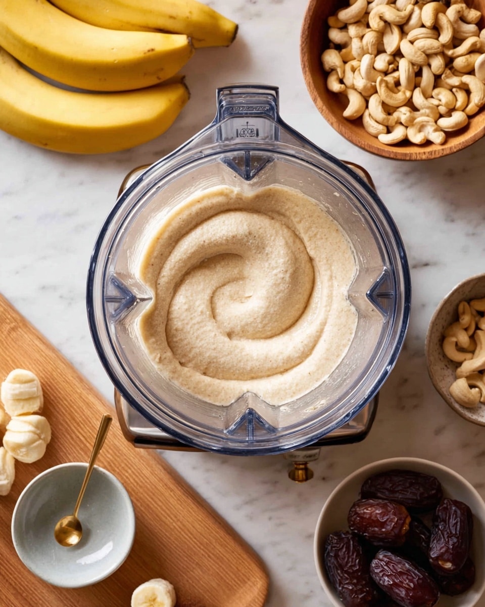 The image shows a blender viewed from above, filled with a creamy, light beige mixture swirling in the center. Around the blender on a white marbled surface are unpeeled yellow bananas on the left, a small white bowl with sliced banana pieces on the right, a brown bowl filled with cashew nuts at the top right, and a small white bowl containing three dates at the bottom center. Near the top left, a small light grey bowl with a golden spoon inside is placed on a light wooden board. The scene is well-lit and clean with natural arrangement. Photo taken with an iphone --ar 4:5 --v 7