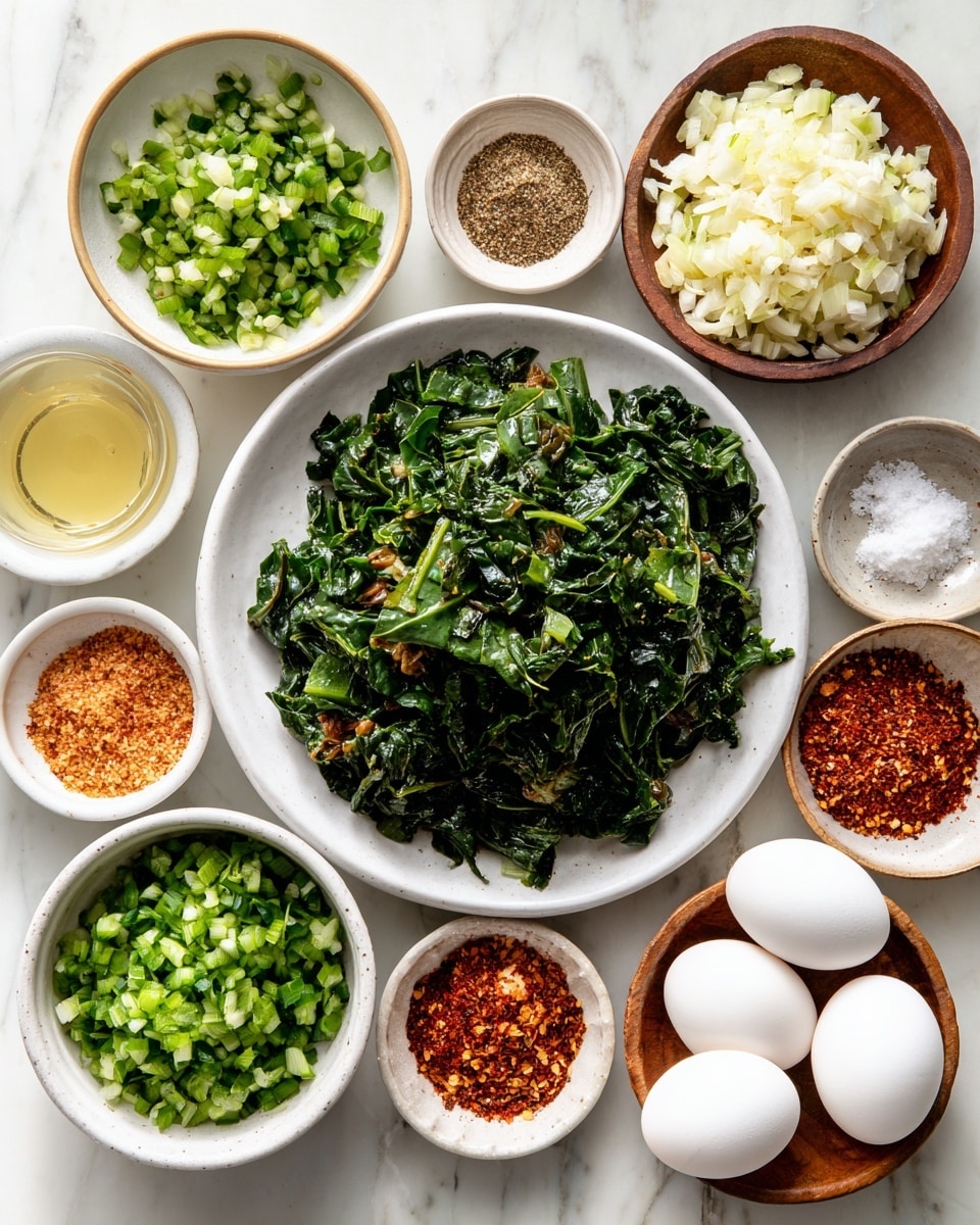 A top-down view of a group of small white bowls and a white plate arranged on a white marbled surface, each holding different ingredients. In the center is a white plate piled high with chopped, dark green Swiss chard leaves that have a soft, leafy texture. Around it are small white bowls filled with finely chopped bright green jalapeño, fresh herbs with leafy green texture, crumbled white feta cheese, and diced white Vidalia onion. A brown-rimmed bowl holds chopped fennel with a pale, slightly translucent look. There are also piles of vibrant spices in a small white plate, including red Aleppo pepper flakes, light brown cumin powder, and za'atar with mixed tones. Another small white bowl contains coarse kosher salt and black pepper. White garlic slices are in a small white bowl, next to a clear glass with light golden chicken stock. Five smooth white eggs lie directly on the white marbled surface, completing the arrangement. The whole scene is bright and neatly organized, photo taken with an iphone --ar 4:5 --v 7