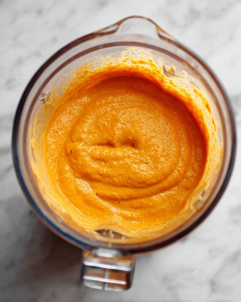 A clear blender jar filled with a smooth, thick, orange mixture with a slightly swirled texture on top. The jar is placed on a white marbled surface, and the mixture looks creamy and even in color, suggesting it is freshly blended. The glass jar has a handle visible at the bottom of the image. photo taken with an iphone --ar 4:5 --v 7