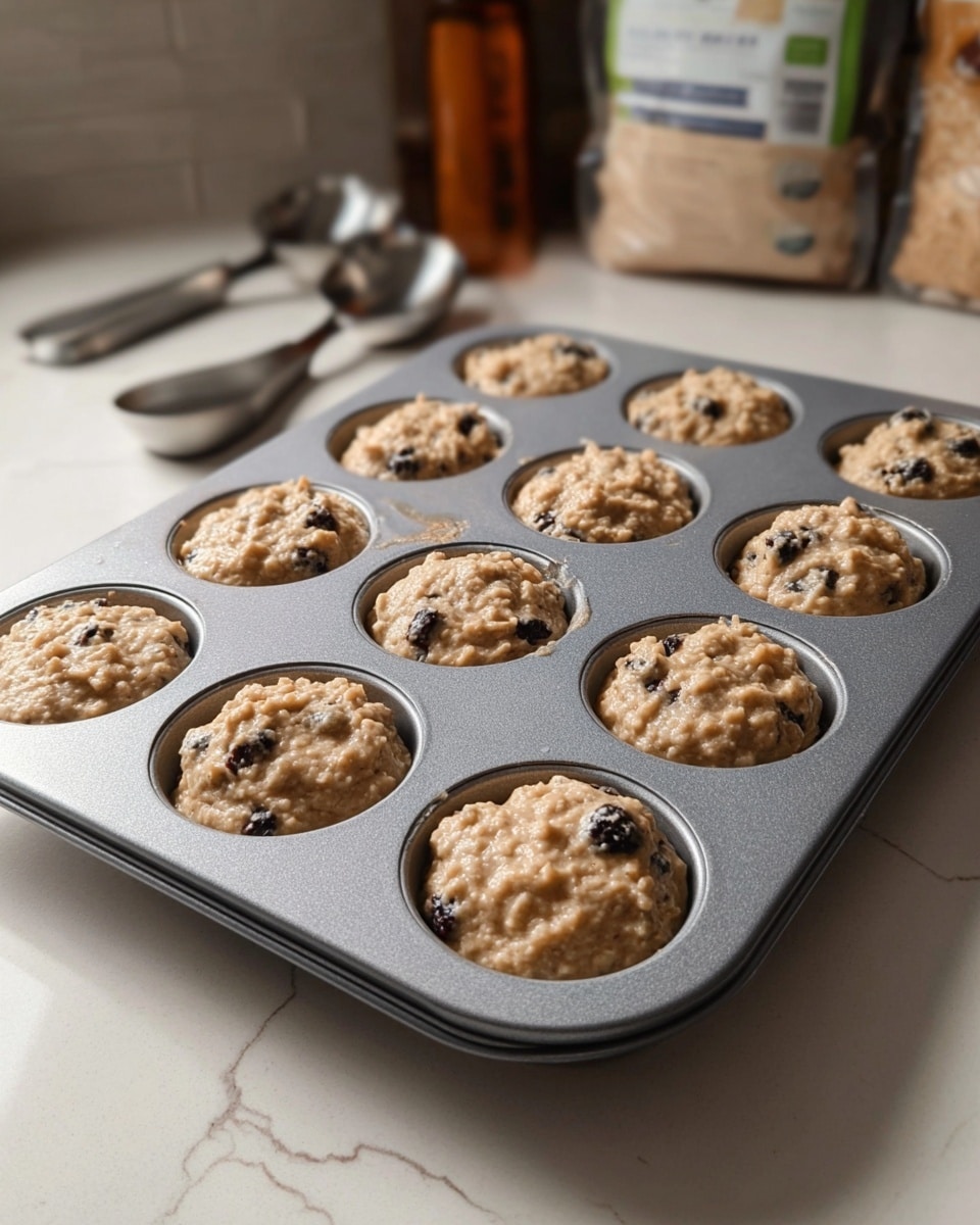 A grey muffin tray with twelve round cavities is filled with beige batter mixed with dark chunks, likely berries or chocolate chips, each cavity filled about three-quarters full with a slightly lumpy texture. The tray sits on a white marbled countertop, and in the background, there are metallic measuring spoons, a brown bottle, and bags of baking ingredients slightly blurry. The lighting is soft and natural, focused on the muffin tray. photo taken with an iphone --ar 4:5 --v 7