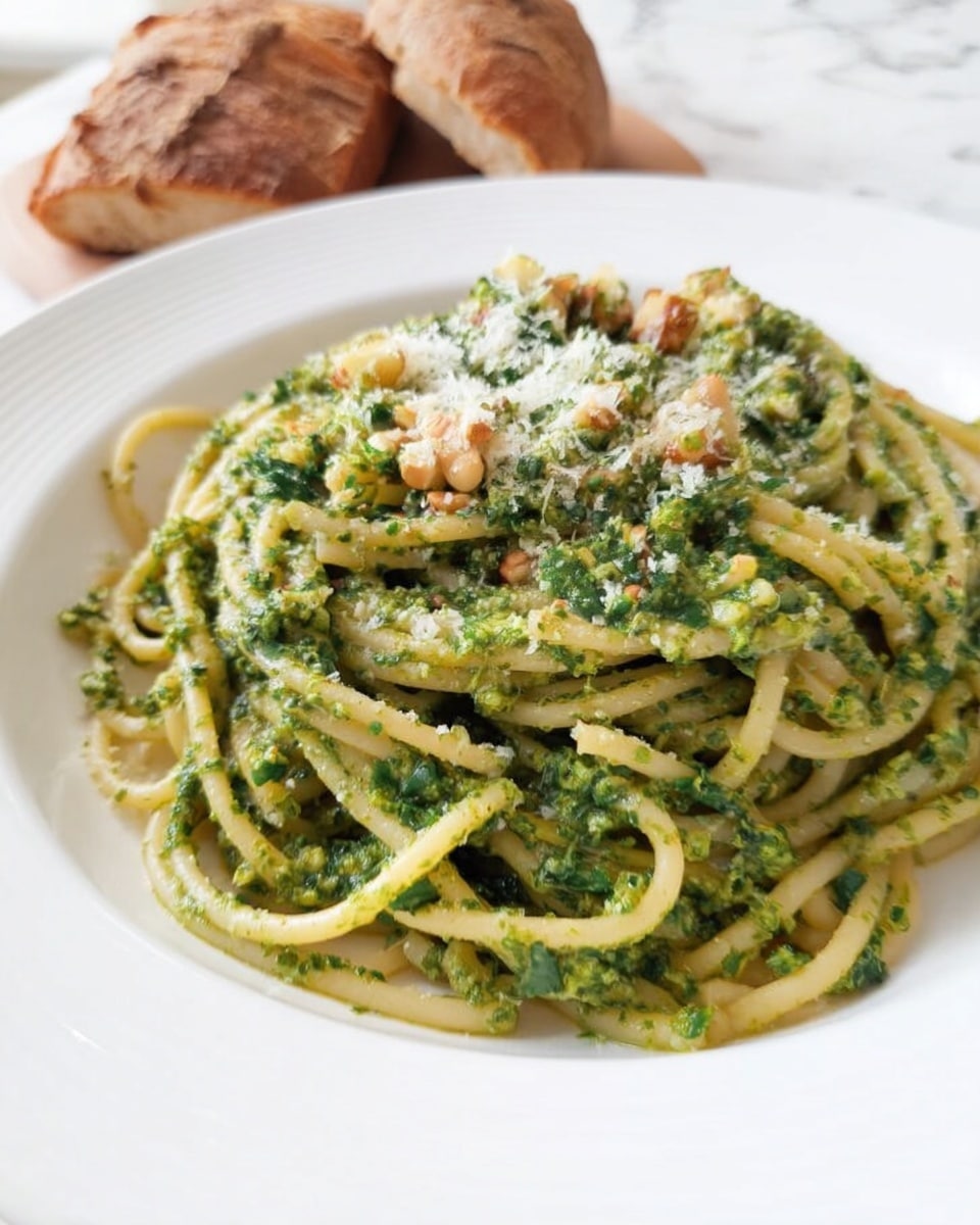 A close-up of a white plate filled with a twirl of thick spaghetti pasta coated in a chunky green pesto sauce with bits of herbs and nuts visible, topped with a light sprinkle of grated cheese. The background features a white marbled surface, and there are two pieces of rustic brown bread on a white marbled surface behind the plate. Photo taken with an iphone --ar 4:5 --v 7