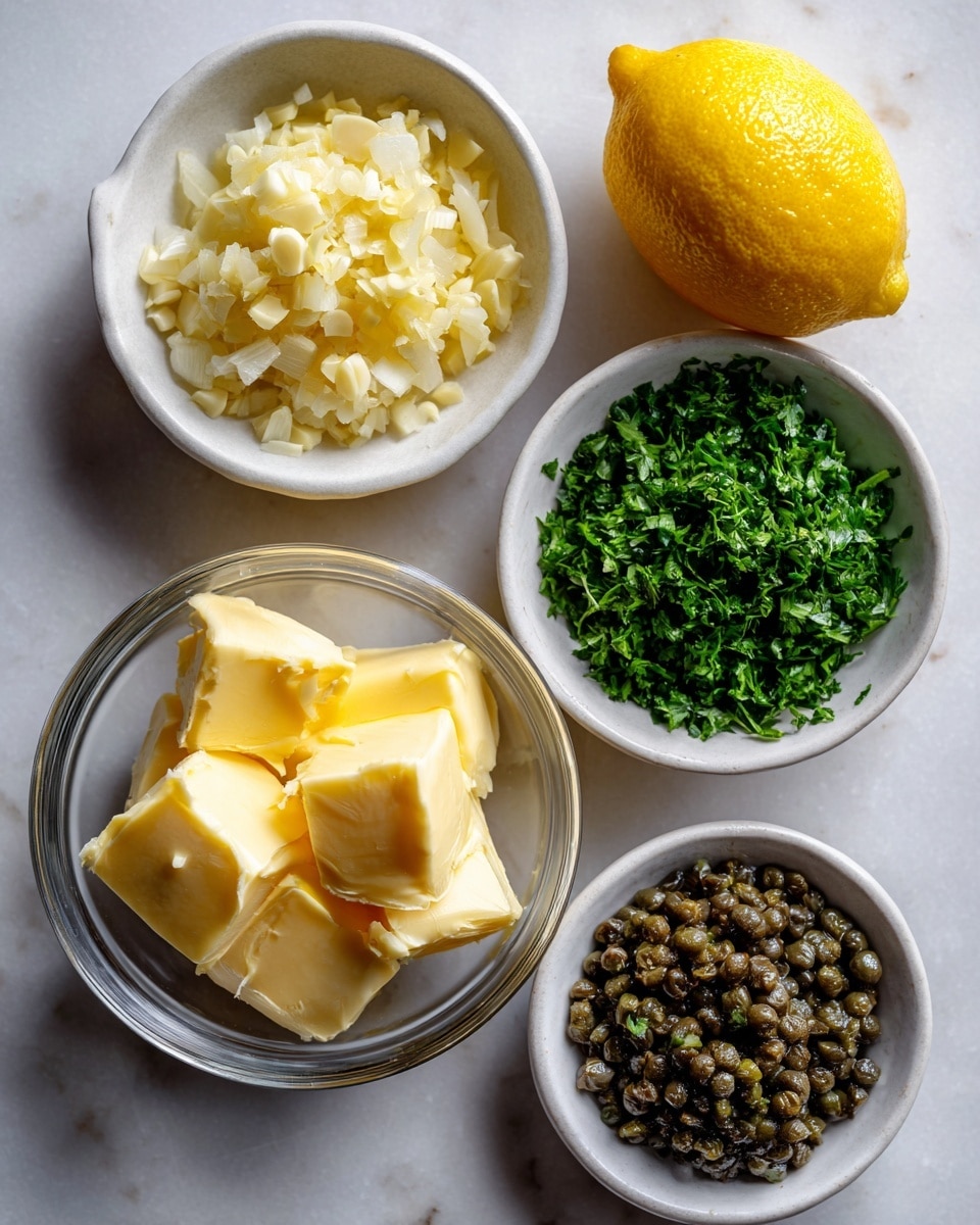 A white marbled surface holds five items arranged with space between them: at the top left, a small white bowl filled with small chopped pale yellow garlic pieces; near the top right, a whole bright yellow lemon with a slightly rough texture; in the center, a small white bowl filled with finely chopped fresh green parsley; at the bottom left, a clear glass bowl containing several thick, square slices of pale yellow butter stacked slightly unevenly; and at the bottom right, a small white bowl filled with dark greenish-brown capers, some appearing slightly wrinkled. The lighting is soft and natural, showing all textures clearly. photo taken with an iphone --ar 4:5 --v 7