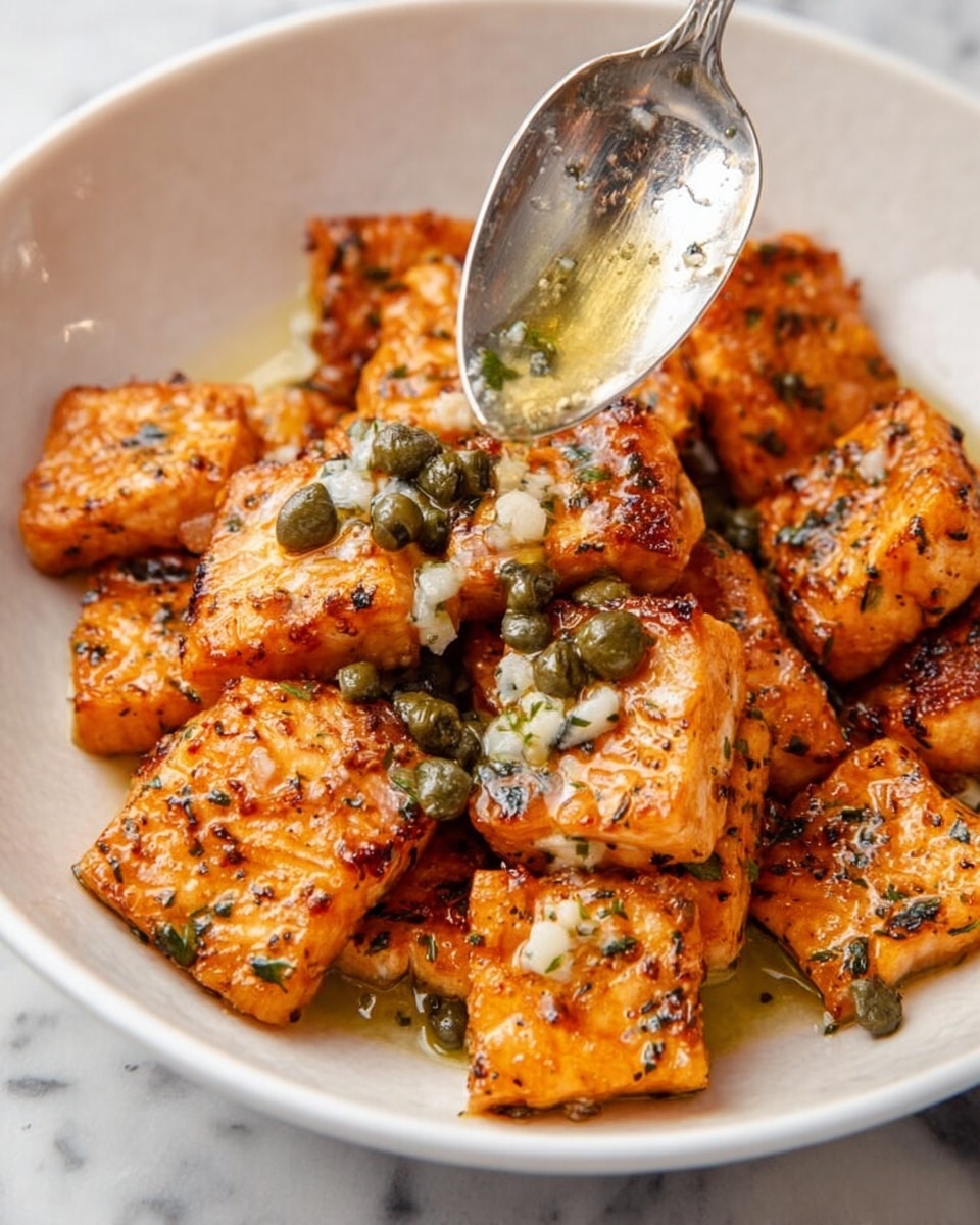 A close-up view of a white bowl filled with square pieces of golden-orange grilled fish, each piece showing a slightly crispy texture with visible herbs and spices on top. A silver spoon is drizzling a sauce made of chopped white garlic, green capers, and oil over the fish, adding a glistening, moist layer to the dish. The fish pieces are stacked unevenly, showing some charred edges and a juicy interior. The bowl sits on a white marbled surface, highlighting the warm colors of the dish. photo taken with an iphone --ar 4:5 --v 7
