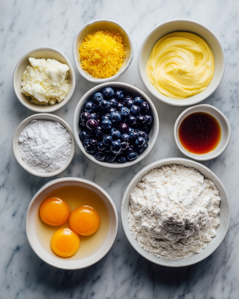 The image shows eight small white bowls arranged on a white marbled surface, each holding different baking ingredients. Starting from the bottom right, there's a bowl with a heap of white flour. Above it, a bowl with melted butter in a smooth yellow liquid form. Next to the butter, a bowl filled with dark frozen blueberries. Above that, a bowl with amber-colored vanilla extract. To the left of the vanilla extract, a bowl with sugar mixed with bright yellow lemon zest on top. Below that, two raw eggs with clear whites and bright orange yolks in another white bowl. Lastly, at the bottom left, a small bowl with a white mix of cornstarch, baking powder, baking soda, and salt. All bowls have clean edges and the ingredients are distinct in texture and color. photo taken with an iphone --ar 4:5 --v 7