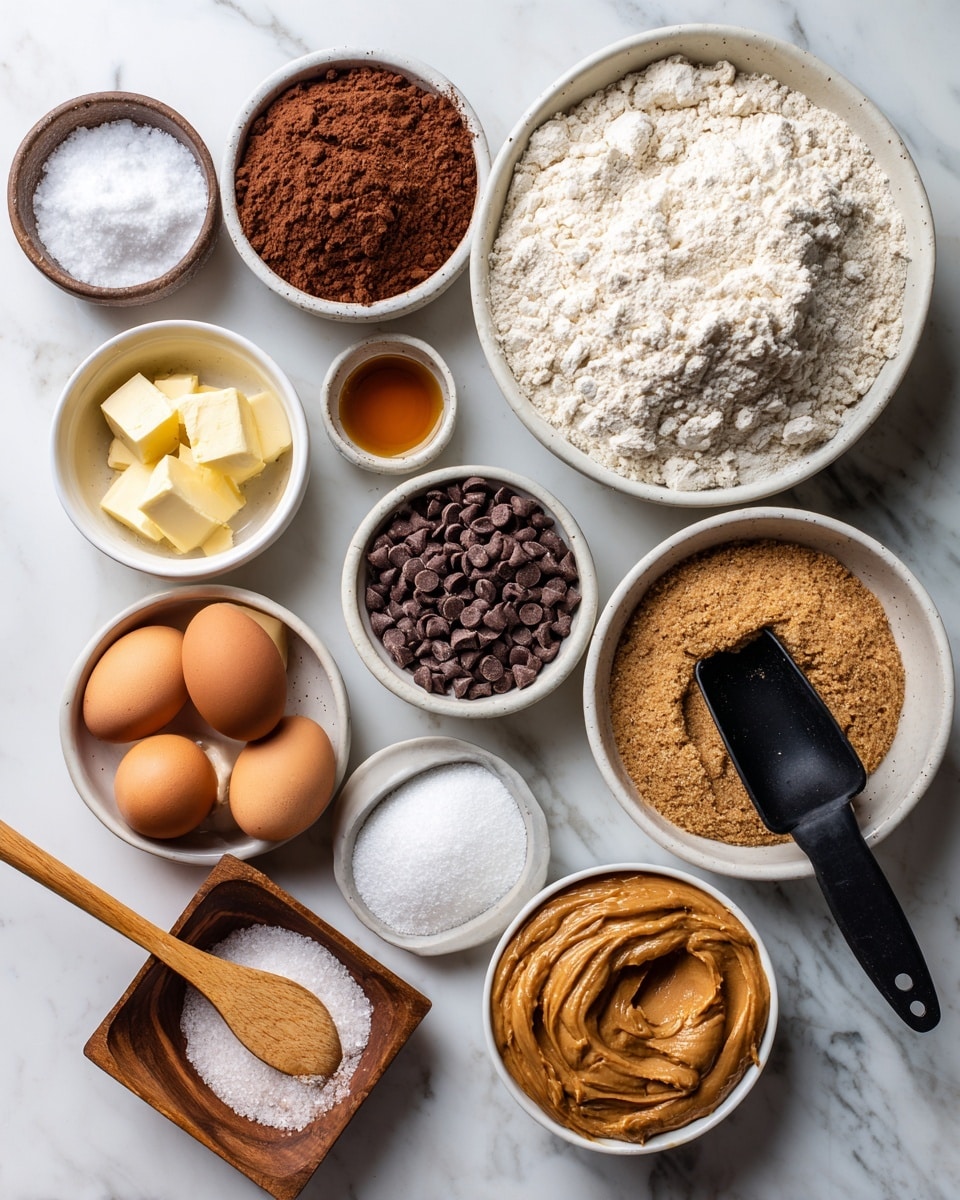 The image shows eleven separate bowls and containers arranged on a white marbled surface, each holding a different baking ingredient. From top left to right, there is a small white bowl with salt, a slightly larger white bowl with cocoa powder, and a large white bowl filled with all-purpose flour held with a black scoop. Below these, a white bowl holds chocolate chips, a small white bowl contains vanilla extract, and a small white scoop holds baking powder. On the left side, there is a white bowl with melted butter, a small wooden square bowl with two whole eggs, and a white bowl with brown sugar. At the bottom left, there is a white bowl with granulated sugar and a wooden spoon inside, and at the bottom right, a white bowl holds smooth peanut butter. The image is clean and organized, focusing on the ingredients for a baking recipe, with a woman's hand not visible but implied by the scoop in the flour bowl. Photo taken with an iphone --ar 4:5 --v 7