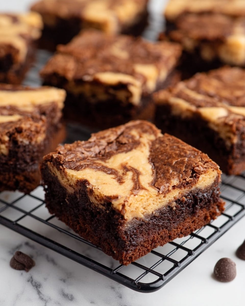 The image shows a close-up of a square brownie with two layers on a black cooling rack over a white marbled surface. The bottom layer is dark brown with a soft, dense texture, while the top layer is light brown with a smooth, swirled pattern mixed with darker brown swirls on its surface. Behind the main brownie, there are more similar brownies slightly out of focus, arranged evenly on the rack. A few chocolate chips are scattered on the white marbled surface nearby. photo taken with an iphone --ar 4:5 --v 7