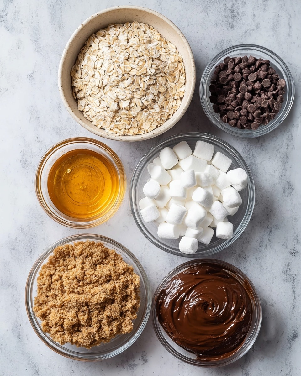 The image shows seven small bowls arranged on a white marbled surface. Starting from the top right and moving clockwise, there is a clear glass bowl filled with light beige rolled oats with a rough texture, followed by another clear glass bowl filled with small, dark brown chocolate chips that have a smooth, rounded shape. Below that is a clear glass bowl filled with small, white mini marshmallows, irregular and fluffy in texture. Below the marshmallows is another clear glass bowl holding a thick, smooth, dark brown mixture with some swirls visible on the surface. To the bottom left, there is a clear glass bowl filled with light brown, crumbly crushed graham crackers. Above that to the left, there is a larger beige ceramic bowl filled with a white, powdery substance with a fine texture. At the top center, a clear glass bowl contains golden honey with a smooth, glossy surface. Photo taken with an iphone --ar 4:5 --v 7