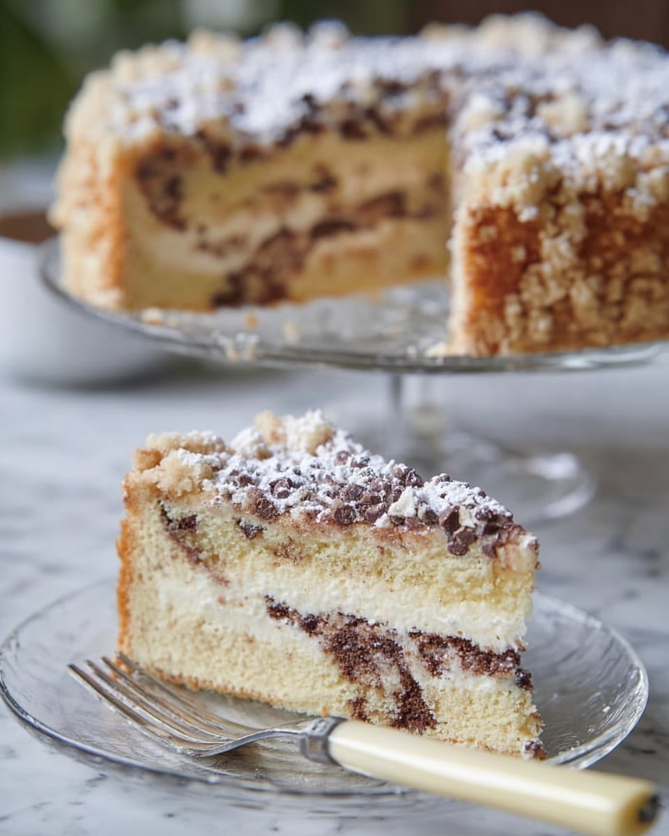 A slice of cake with three visible layers sits on a clear glass plate. The bottom layer is light beige with a soft texture and has a thin dark swirl inside. The middle layer is creamy white, thick and smooth with dark streaks running through it. The top layer is light beige, crumbly with small chocolate bits sprinkled on top and dusted with white powdered sugar. The full cake in the background shows the same layers and topping and is on a clear glass cake stand. A fork with a cream-colored handle is placed near the slice on the white marbled surface. photo taken with an iphone --ar 4:5 --v 7