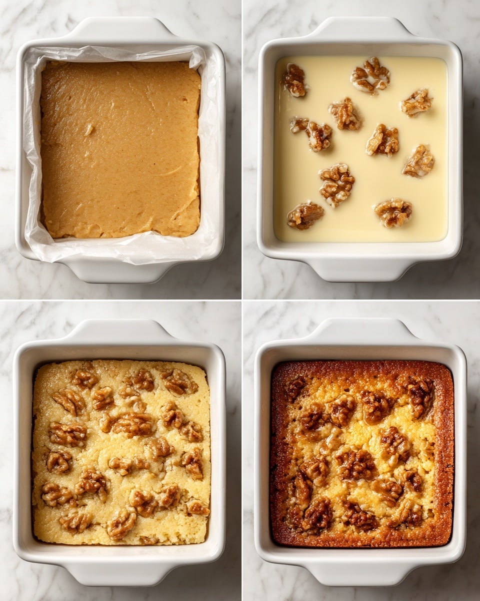 The image shows a four-step process of making a layered baked dessert in a white square baking dish on a white marbled surface. In the first step, a smooth, light brown dough layer fills the dish, with parchment paper lining the edges visible. The second step shows a creamy, light beige liquid poured over the dough with small, irregular clusters of dough placed on top in an even pattern. In the third step, the dish has a slightly thicker light beige mixture with the dough clusters partially submerged but still visible and beginning to blend. The final step reveals a fully baked dessert with a golden brown, slightly cracked top, and the dough clusters now embedded in the surface, giving it a textured and rich appearance, while the parchment paper is still around the edges. Photo taken with an iphone --ar 4:5 --v 7