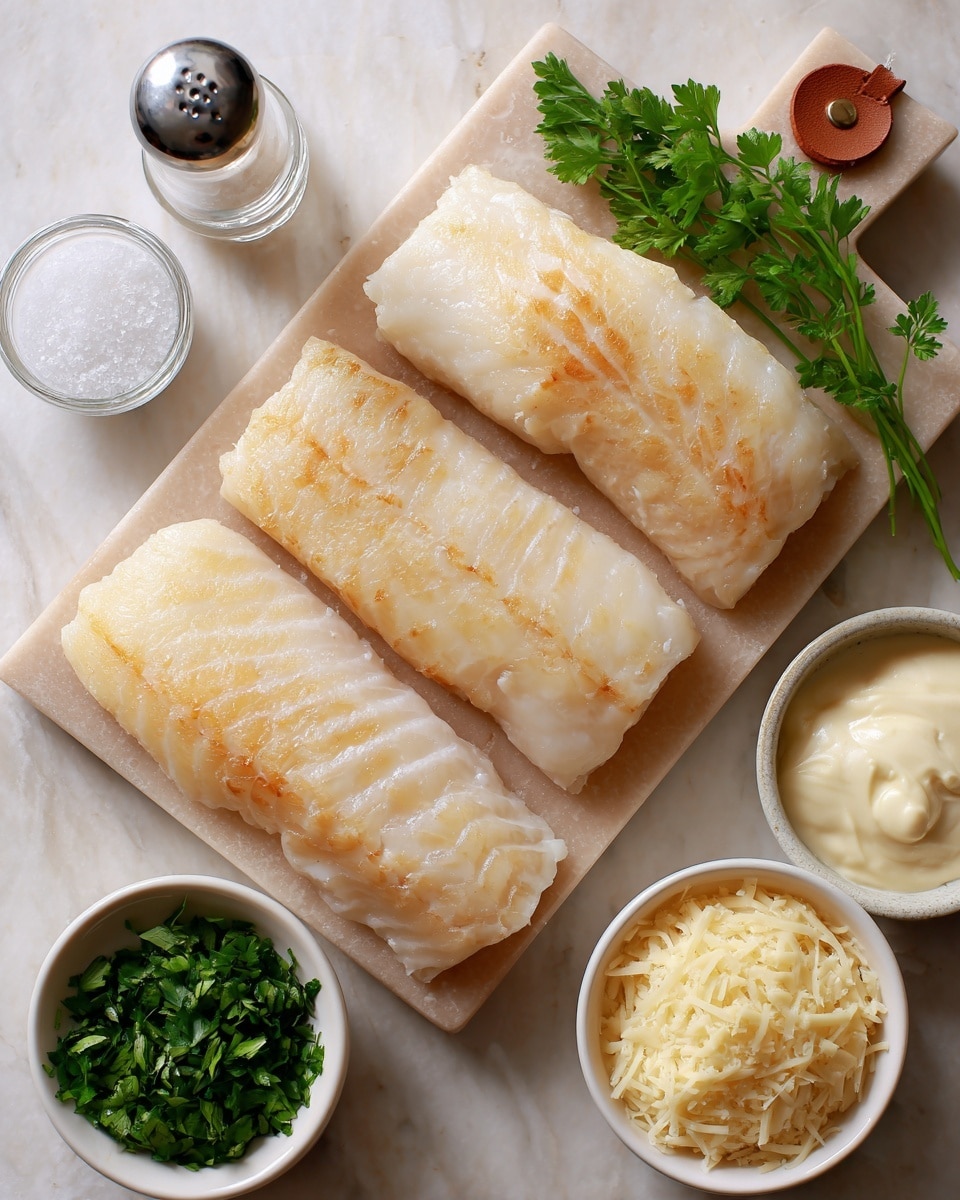 The image shows three light beige cod fillets with soft lines and a slight shine on a rectangular pale beige cutting board with a leather loop at the top, positioned in the top middle. There is a small bunch of bright green parsley resting on the middle fillet. To the left of the board, a clear pepper grinder and a small white bowl with white salt are placed. Below them, a small white bowl contains minced garlic, appearing creamy white with texture. At the bottom left, two small white bowls hold fresh chopped green basil and parsley with leafy textures. On the middle right, a small white bowl with smooth, creamy off-white mayonnaise sits above another bowl filled with finely grated pale yellow Parmigiano Reggiano cheese. The whole setup is on a white marbled textured surface. photo taken with an iphone --ar 4:5 --v 7