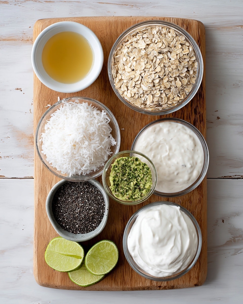 The image shows a wooden board placed on a white marbled surface holding seven small bowls and two lime halves. On the board, at the top left, there is a white bowl with a light golden liquid. Next to it, on the top center, is a clear glass bowl filled with pale beige rolled oats. To the right of the oats is a clear glass bowl with a white creamy liquid. Below the oats, in the center, is a small grey bowl with finely chopped green herbs. Below the herbs on the left is a clear glass bowl filled with white shredded coconut. To the right of the coconut is a white bowl containing small black seeds. Next to the seeds, on the right side of the board, is a clear glass bowl with thick white creamy yogurt or sour cream. Two lime halves are placed on the wooden board near the bottom left of the image. The overall colors are natural tones of white, green, black, and beige, and the lighting is soft and natural. photo taken with an iphone --ar 4:5 --v 7