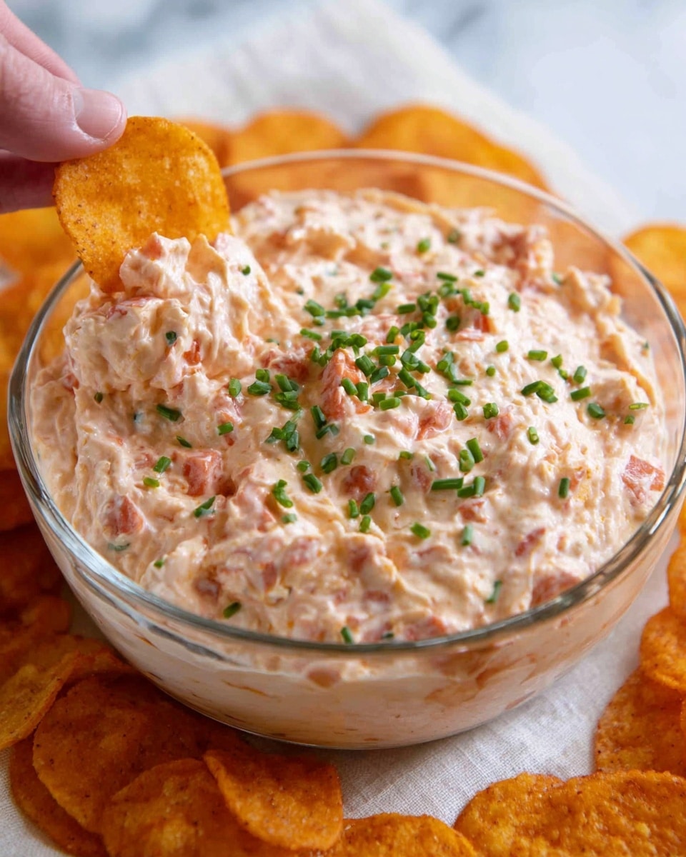 A clear glass bowl filled with a thick, creamy dip that is light pinkish-beige with small chunks of red and orange mixed in, topped with finely chopped green chives scattered on top. Surrounding the bowl are round, orange chips, placed on a white cloth that rests on a white marbled surface. The dip has a smooth yet textured look with visible bits of ingredients all around. Photo taken with an iphone --ar 4:5 --v 7